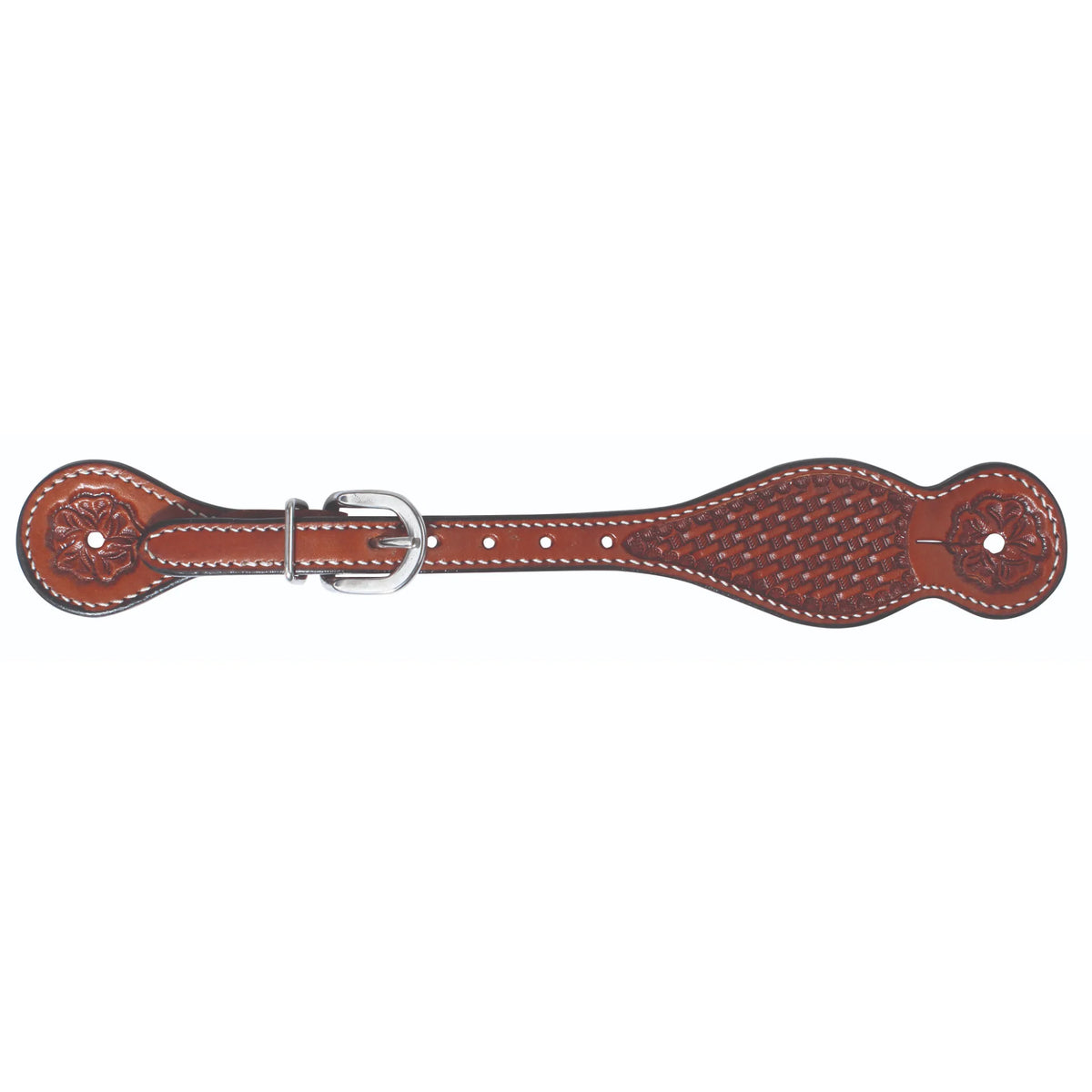 Professional's Choice Mesa Basket Tooled Spur Straps in chestnut leather featuring classic basket weave tooling and floral-stamped circular ends. These western equestrian spur straps are accented with white contrast stitching and a durable stainless steel buckle. High-quality leather horse tack designed for style and durability in the arena or on the trail.
