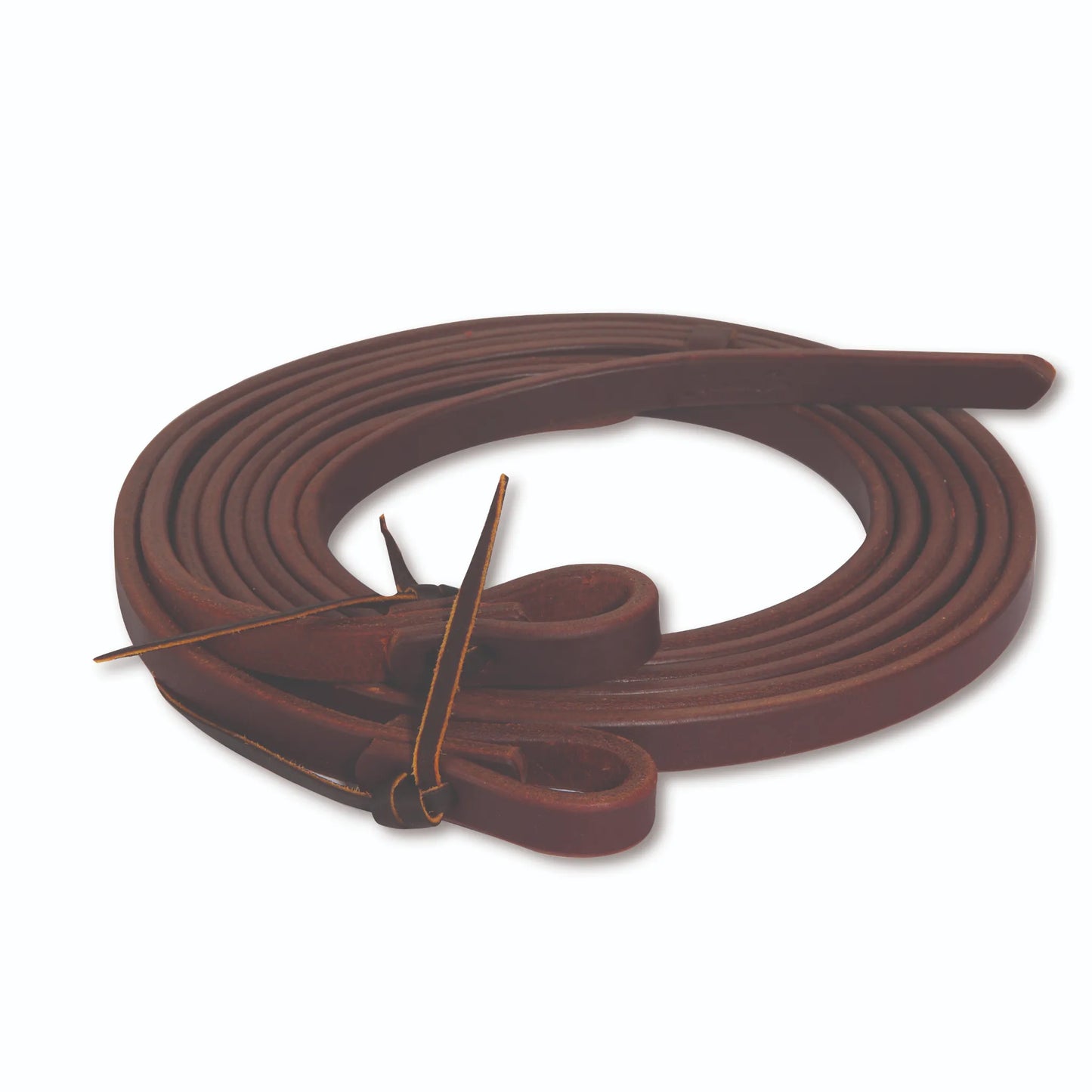 Professional's Choice Ranch Leather Split Reins in rich dark brown, featuring heavy-duty construction for superior control and durability. These premium western split reins include classic leather latigo tie ends for secure bit attachment. Perfect for ranch work, trail riding, and performance training, this high-quality horse tack showcases a thick, supple leather texture designed for a professional feel and long-lasting use.