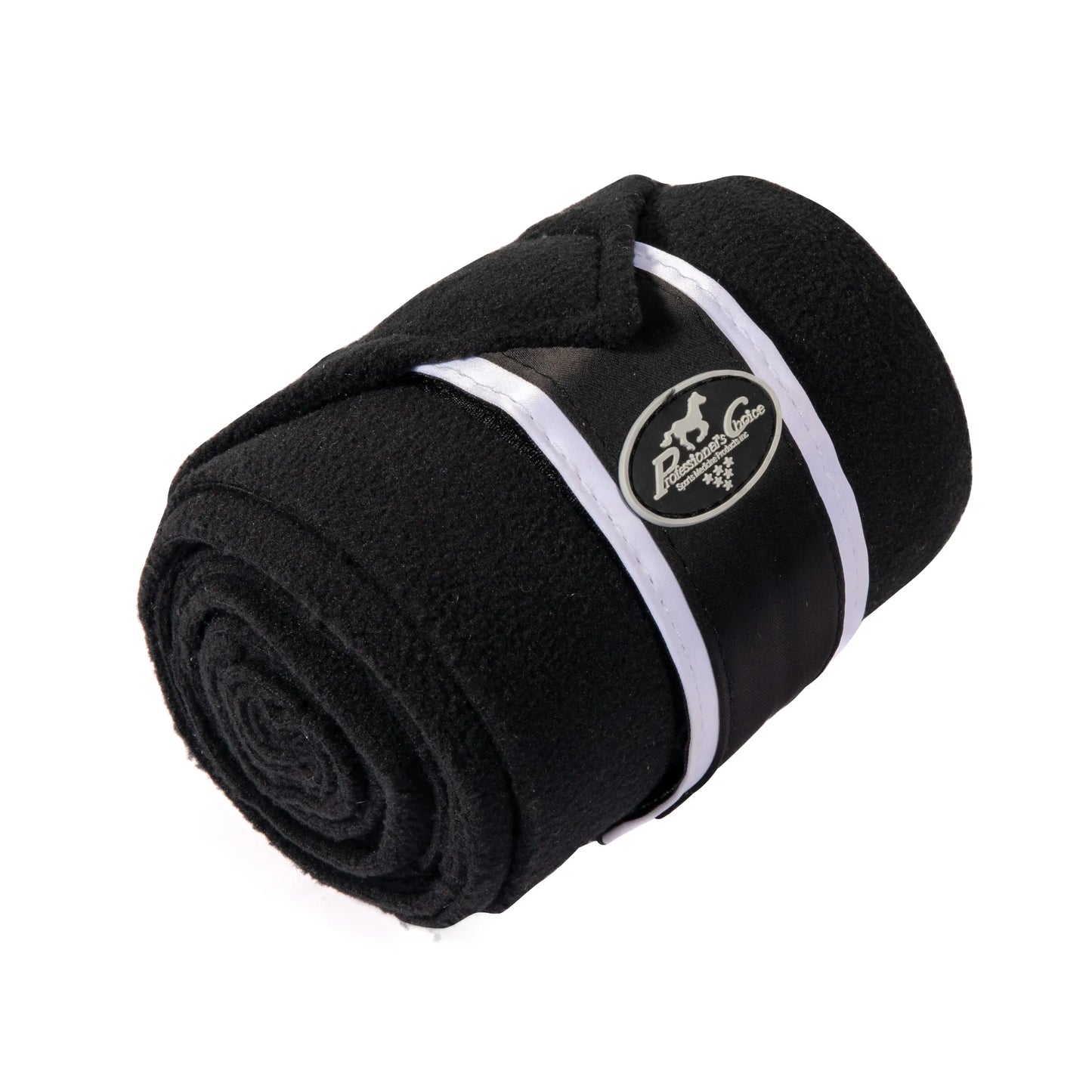 Professional's Choice Black Satin Polo Wraps for horses, featuring high-quality fleece material with elegant white satin borders and a silver brand logo patch. These protective leg bandages are rolled and ready for use, offering both support and style for equestrian training, dressage, or exercise. A must-have for performance horse leg protection and essential stable equipment.
