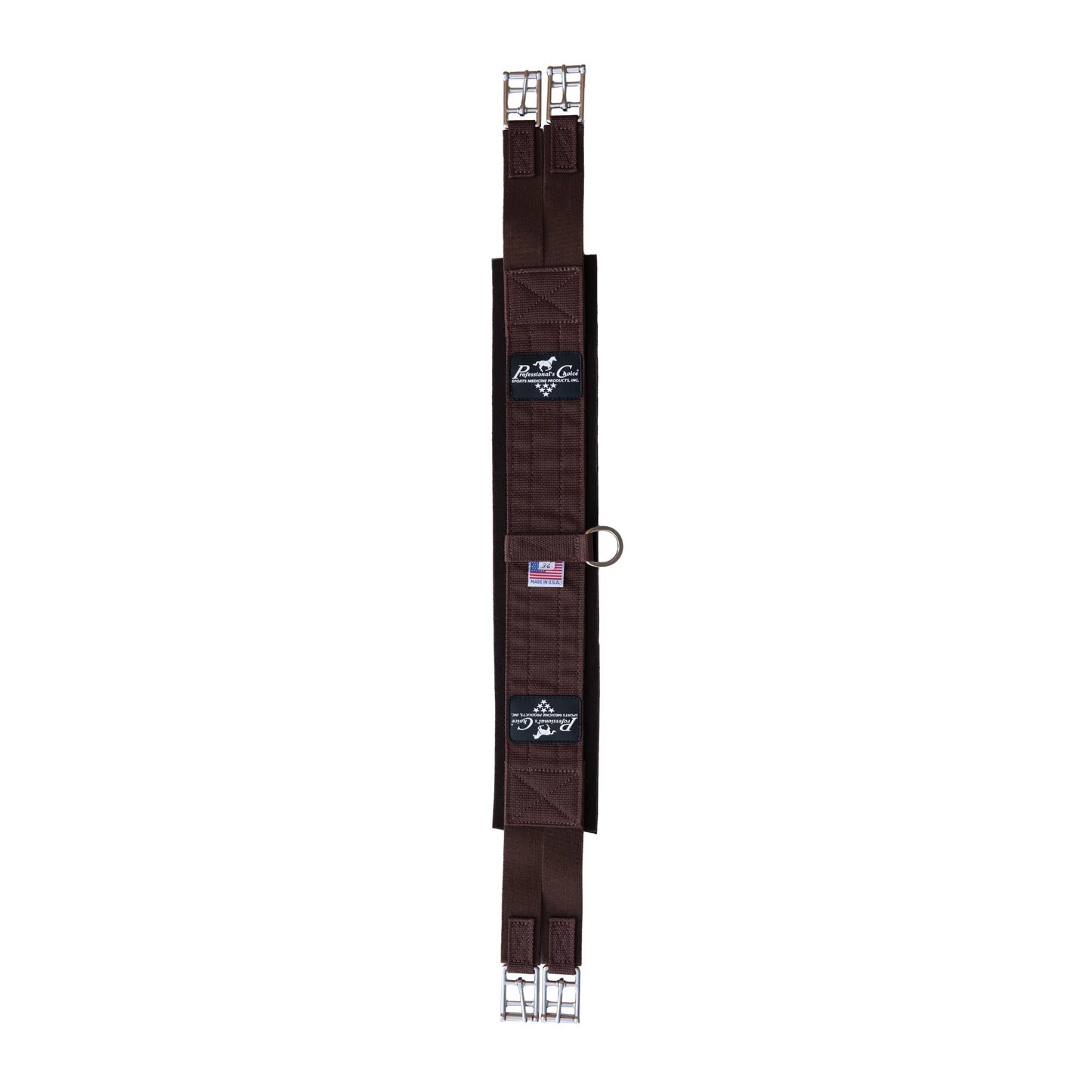 Professional's Choice SMX English Girth in chocolate brown, featuring a non-slip neoprene liner for maximum horse comfort and saddle stability. This durable, breathable girth includes heavy-duty nylon webbing, a center D-ring for training aids, and stainless steel roller buckles on both ends. Ideal for dressage, jumping, and everyday English riding, this high-quality equestrian essential is made in the USA and designed to prevent slipping and skin irritation.
