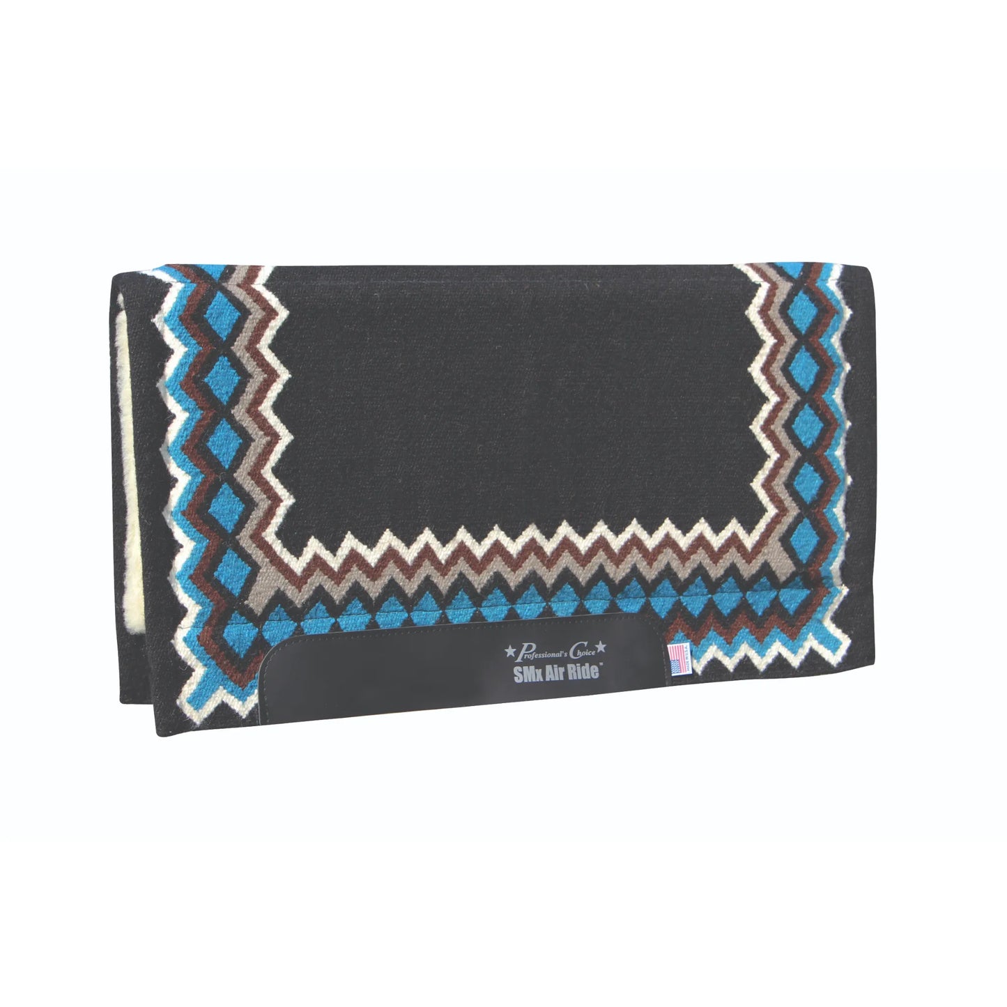 Professional's Choice SMX Heavy Duty Air Ride Shilloh Saddle Pad featuring a hand-woven 100% Navajo wool top in black with turquoise blue, chocolate brown, and grey geometric patterns. This 34" x 36" western horse saddle pad includes a 3/4" breathable core for maximum shock absorption and comfort. Detailed with durable black leather wear leathers, the SMX Air Ride logo, and a small American flag tag. Ideal high-performance equestrian tack for western riding.