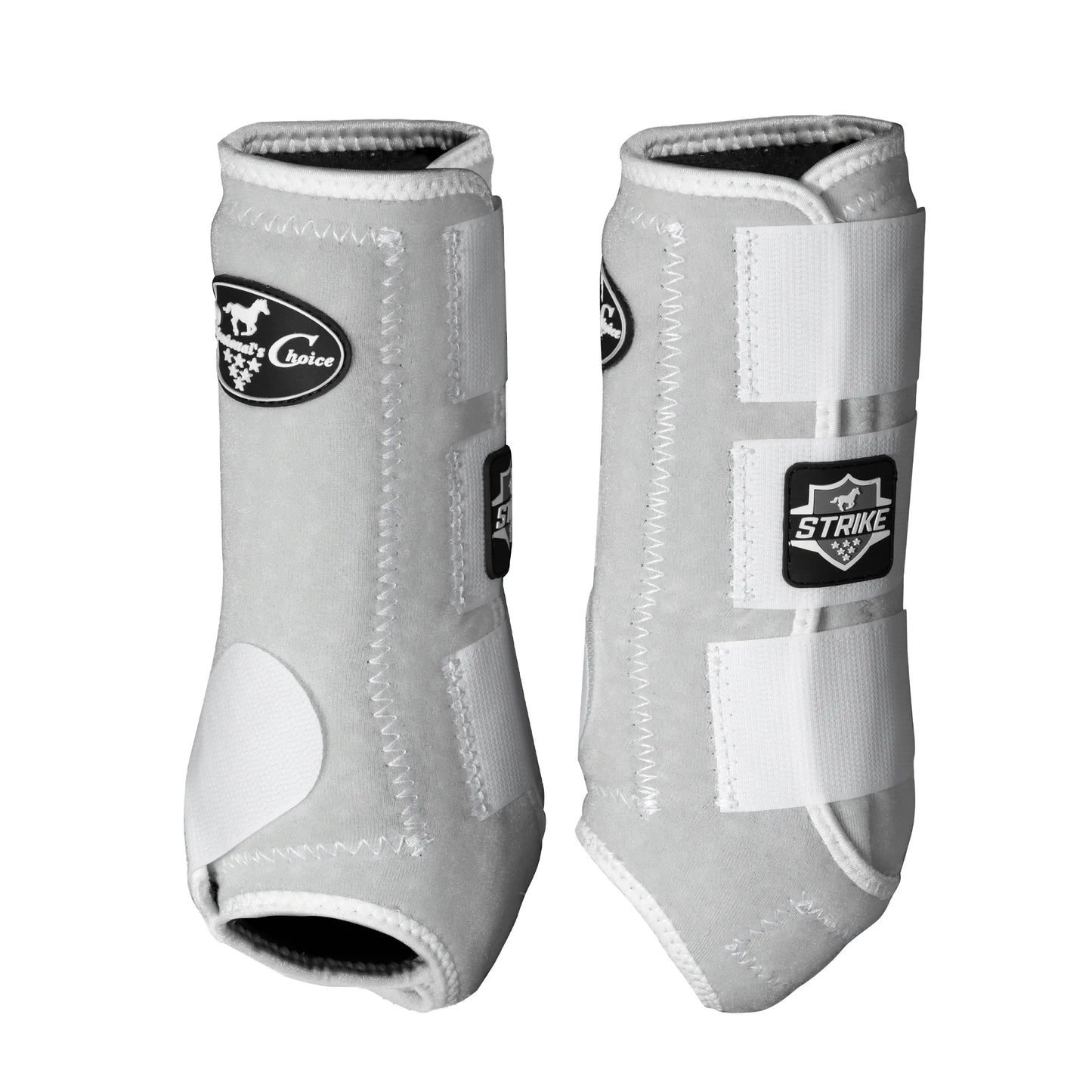 Professional's Choice Strike Front Sports Medicine Horse Boots in grey with white accents. These protective horse boots feature an impact-absorbing Strike plate and three secure velcro strap closures for maximum leg support and injury prevention. The contoured design provides a comfortable fit for performance horses, making them ideal for jumping, training, or barrel racing. Durable equestrian gear designed for high-impact protection and superior support.