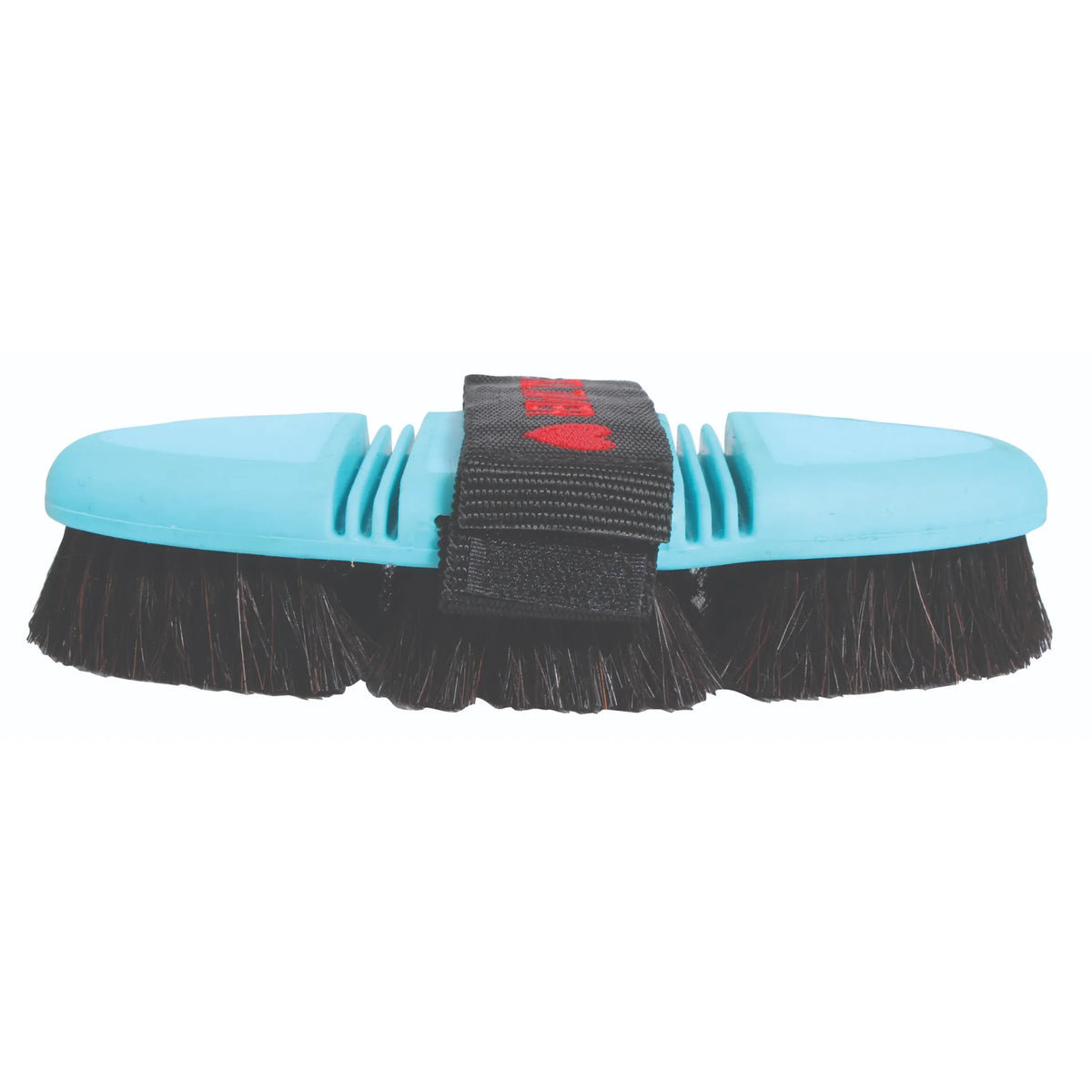 Professional's Choice Tail Tamer Soft Touch Flex Horse Hair Brush in light blue with a flexible, ergonomic body and dense dark horse hair bristles. This high-quality equestrian grooming tool features a black adjustable hand strap with a red heart detail, designed to contour to your horse for a comfortable, thorough clean. Perfect for adding a finishing shine to your horse's coat.