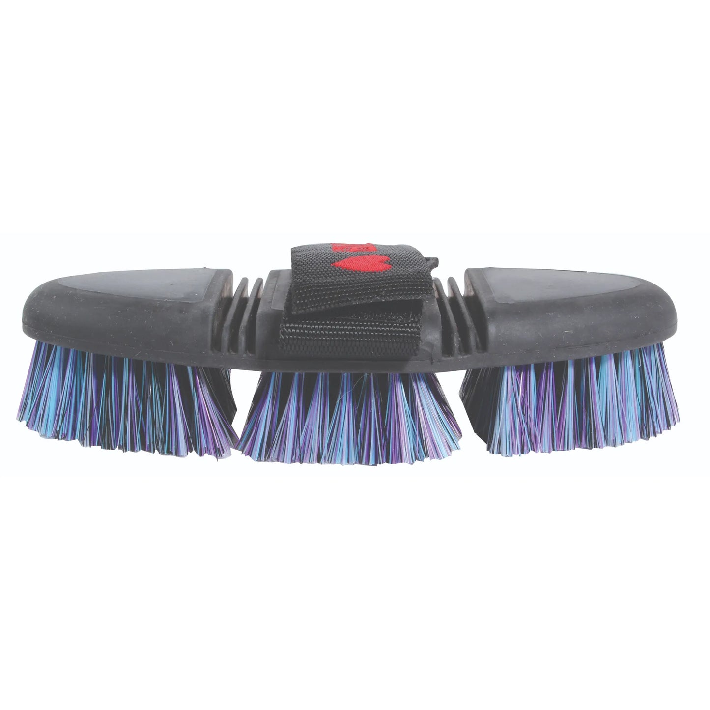 Professional's Choice Tail Tamer Soft Touch Flex Synthetic horse grooming brush. This flexible black body brush features three articulated sections and an adjustable hand strap for an ergonomic grip. The synthetic bristles come in a shimmering blend of iridescent blue and purple, designed to contour to your horse's body for efficient cleaning and comfort. Ideal for daily grooming and maintaining a smooth coat and tail, this durable tool is perfect for any equine grooming kit.