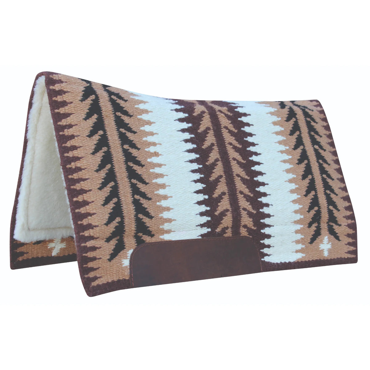 Professional's Choice Ventana Saddle Pad featuring a hand-woven 100% New Zealand wool top in a tan, cream, and brown Southwestern pattern. This high-quality western saddle pad has a 1-inch felt and foam core for impact protection, a soft white fleece lining, and durable brown leather wear leathers. Ideal for western performance, ranch work, or trail riding, offering both style and horse comfort.