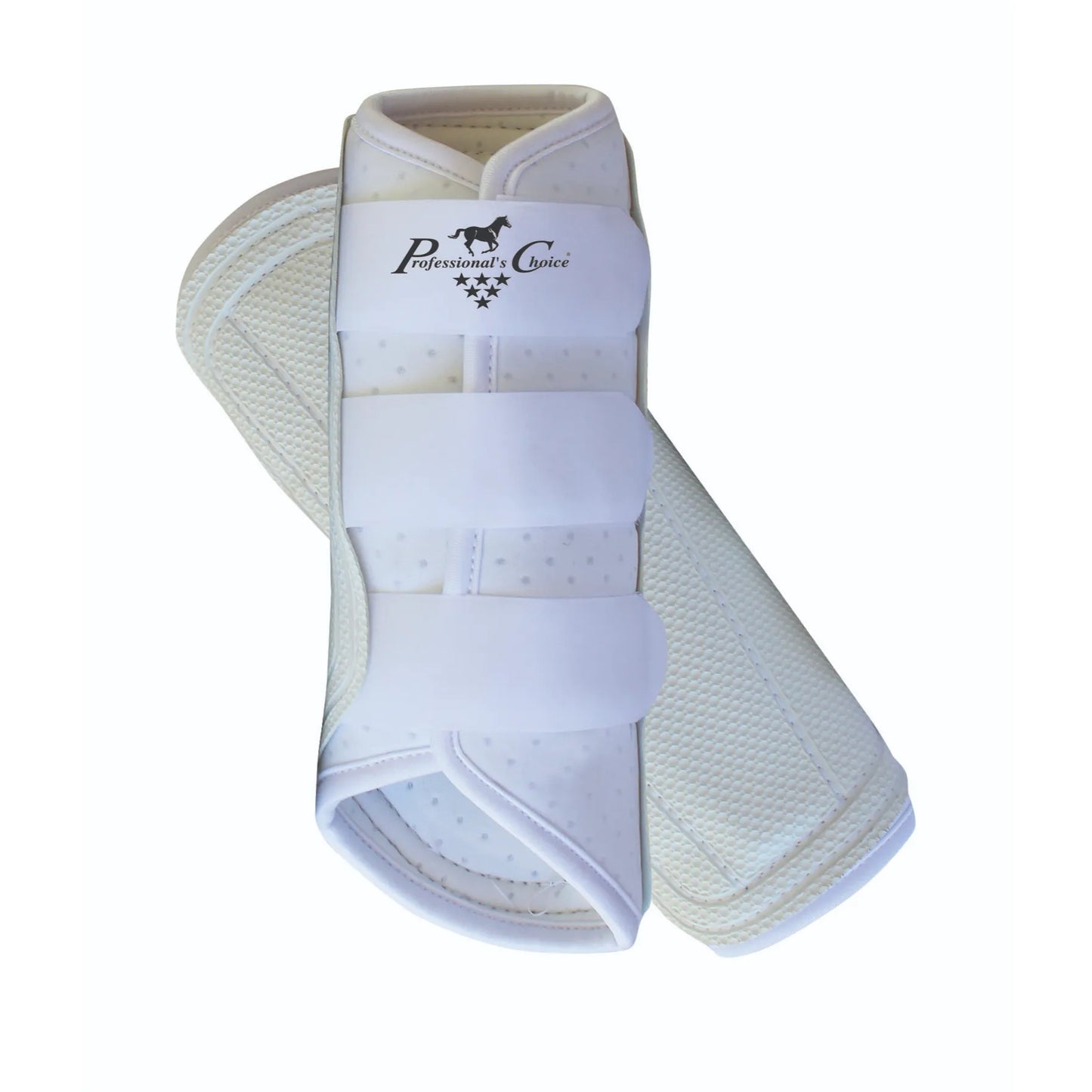 Professional's Choice VenTECH Brushing Boots for horses in classic white. These breathable horse boots feature perforated neoprene for airflow and a durable strike pad for maximum leg protection. Three secure hook-and-loop closures ensure a perfect fit for training or competition. Essential equestrian gear for stylish and safe horse leg support.