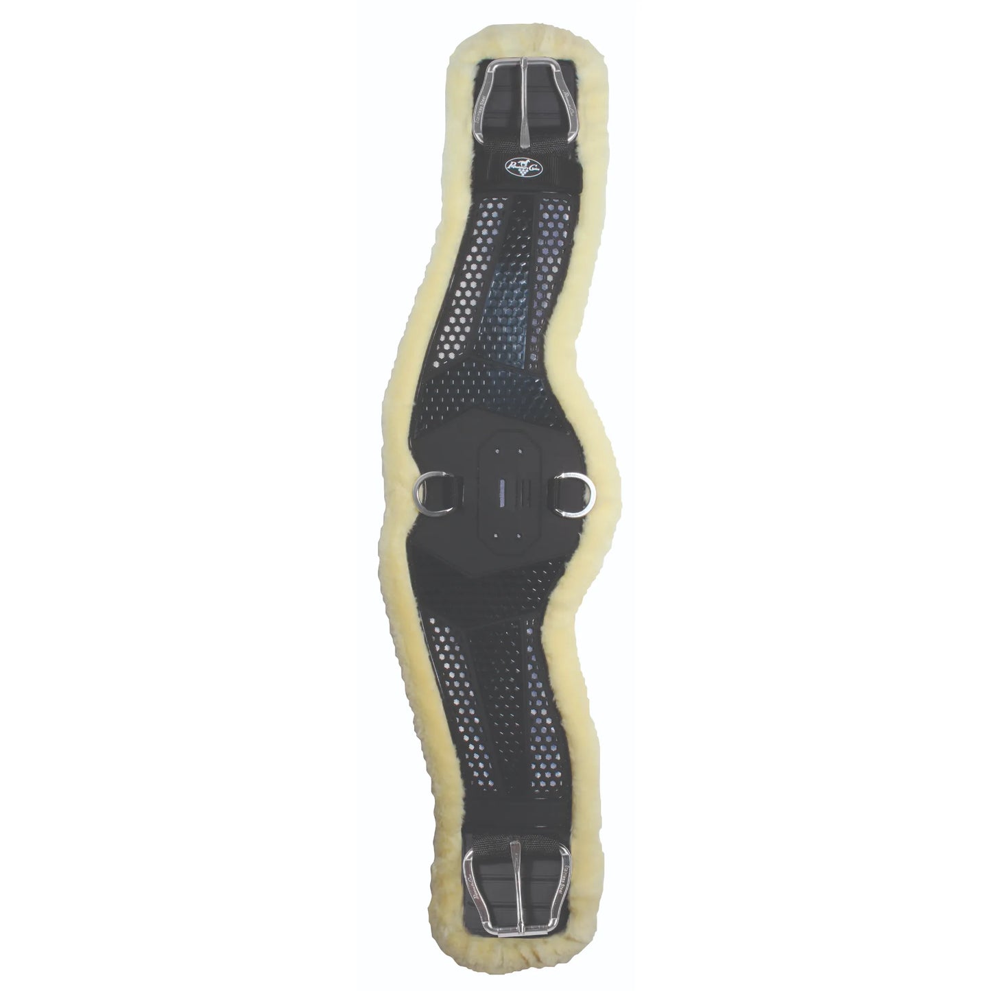 Professional's Choice Ventech Western Cinch featuring a black, contoured anatomical body with a plush cream sheepskin lining for maximum comfort. This high-performance horse girth includes breathable, perforated neoprene to prevent heat buildup, durable stainless steel roller buckles, and center D-rings for training aids. Perfect for western riders seeking professional-grade equestrian equipment that promotes airflow and reduces galling.