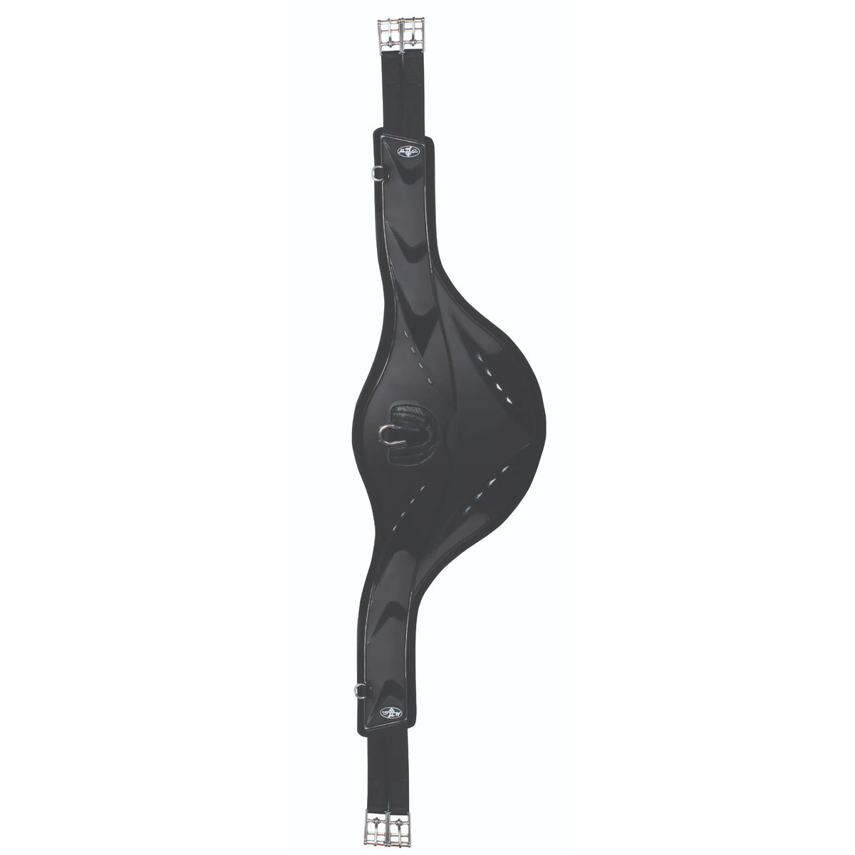 Professional's Choice VenTECH Jump Girth with Belly Guard in sleek black. This protective stud guard girth features an anatomic design for maximum freedom of movement and a breathable, non-slip VenTECH liner to keep your horse comfortable and cool. Includes durable stainless steel roller buckles, elasticized ends for even pressure, and a central D-ring for easy attachment of training aids. Ideal for show jumping and eventing riders seeking superior protection and performance.