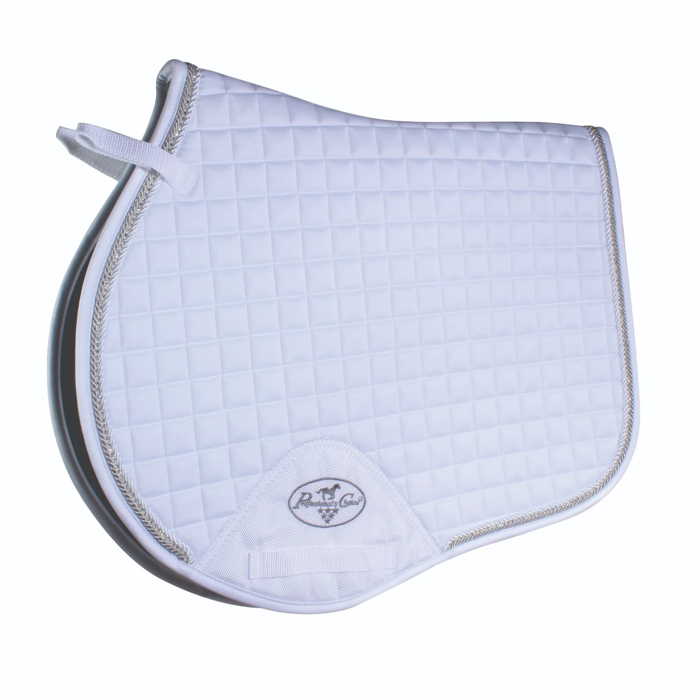 Professional's Choice VenTECH Satin English Jump Saddle Pad in elegant white. This breathable and non-slip equestrian pad features a luxurious satin fabric with small square quilting and a sophisticated silver braided rope trim. Designed for jumping, it includes a contoured spine, reinforced girth patch with brand logo, and secure billet straps. A stylish, high-performance horse saddle pad perfect for the show ring or training.