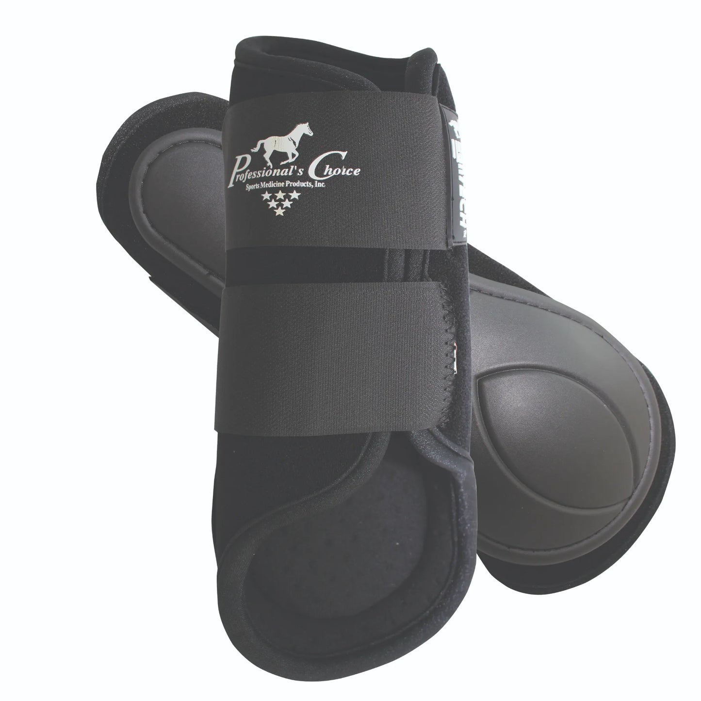 Professional's Choice VenTECH Splint Boots in black, providing breathable horse leg protection and impact defense. This pair of equine boots features a reinforced inner strike pad to prevent interference, two wide hook-and-loop straps for a secure fit, and the iconic white brand logo. Designed for comfort and durability, these lightweight black splint boots are essential horse riding gear for daily training, competition, and advanced sports medicine support.