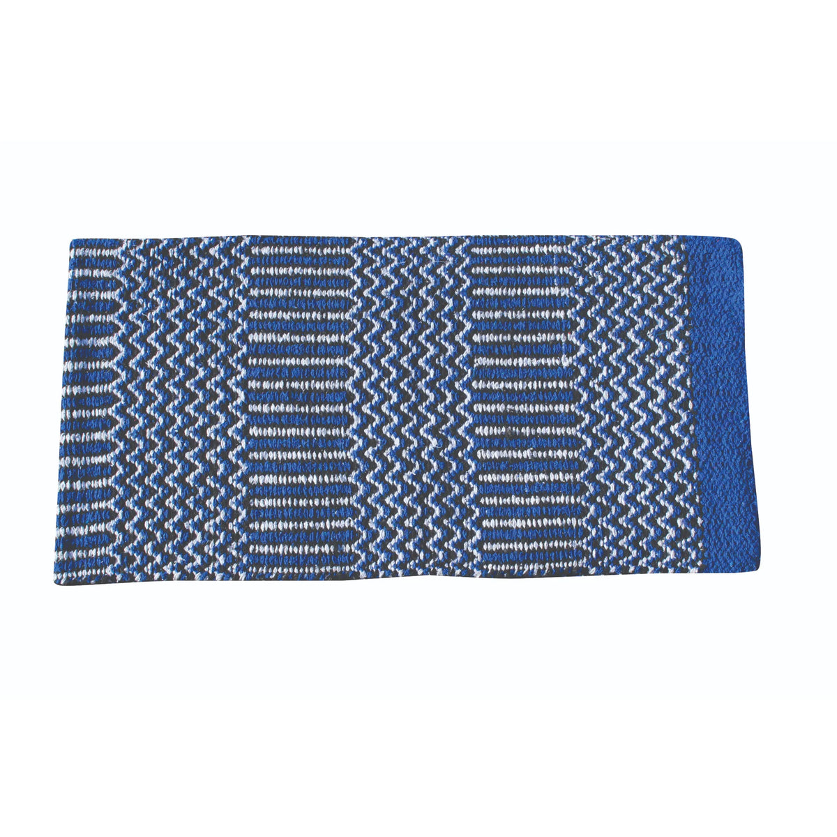 Professional's Choice 32x64 Double Weave Navajo saddle blanket featuring a vibrant royal blue, black, and white geometric pattern. This heavy-duty woven western show blanket showcases alternating vertical stripes with intricate zig-zag chevron designs and a solid blue end border. Ideal for western pleasure, ranch work, or everyday equestrian use, providing a classic and durable look for your horse tack collection.