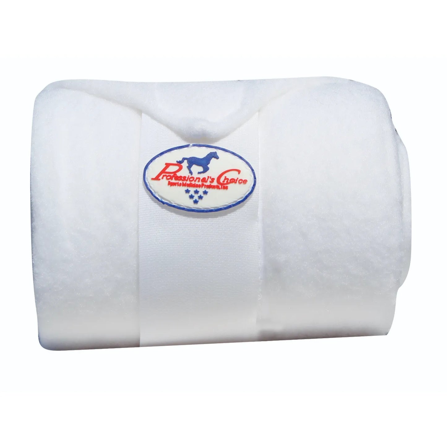 White Professional's Choice Polo Wrap made of superior, plush fleece for premium horse leg support and protection. This rolled-up equestrian leg bandage features a secure Velcro closure with the signature red and blue brand logo. Perfect for schooling, training, and equine sports medicine, these high-quality white polo wraps offer comfort and shock absorption for your horse's legs.