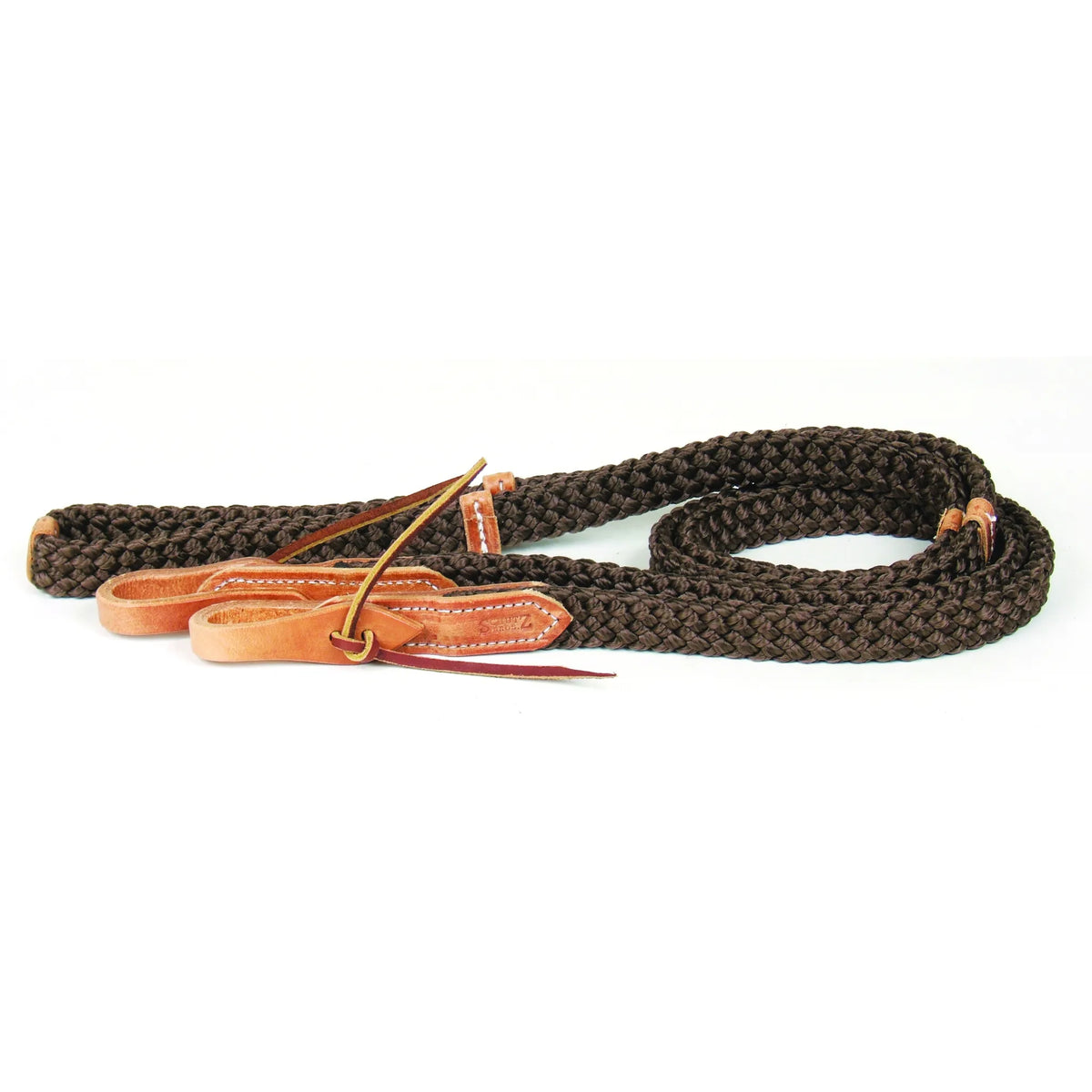 Professional's Choice Quiet Control Single Rein for horse riding, featuring a thick, chocolate brown braided rope for superior grip and subtle communication. This equestrian gear includes premium natural tan leather water-tie bit ends with classic stitching and decorative ties. Perfect for western trail riding or training, these durable reins are designed to enhance your connection and control while in the saddle.
