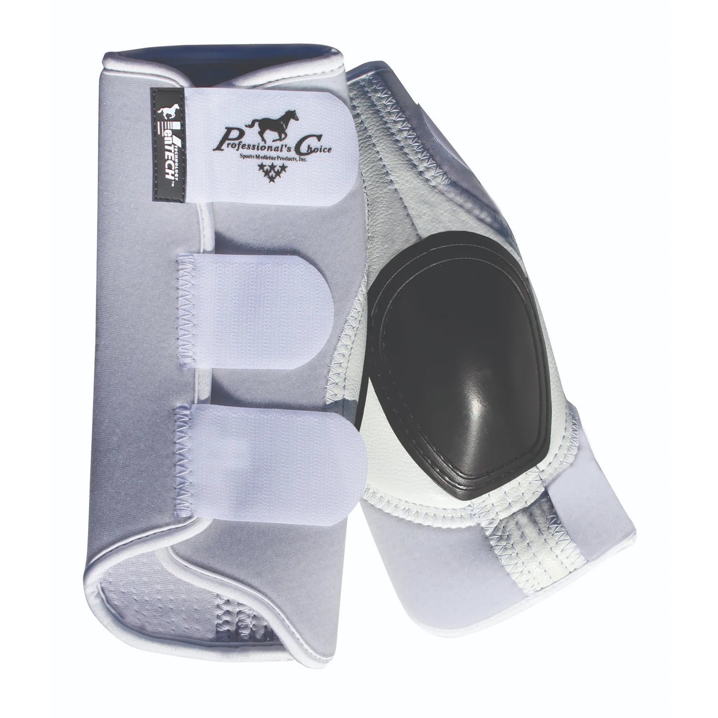 Professional’s Choice Short VenTECH Skid Boots in white, featuring a durable black hard-shell skid cup for maximum fetlock protection. These breathable neoprene horse boots include three secure hook-and-loop straps and reinforced stitching for long-lasting performance. Ideal for reining and western performance horses, these protective equine boots offer superior impact resistance during slides. Essential high-quality horse tack for safety and durability.