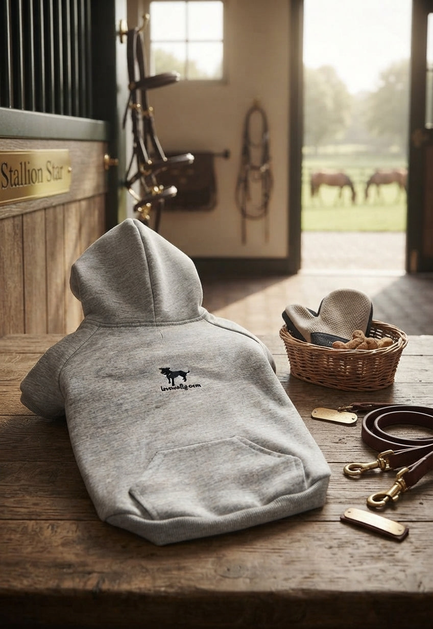 Lifestyle photo of Lovewally Dog Pet Hoodie Sweatshirt - Comfortable Grey Cotton Blend Jacket - Multiple Sizes