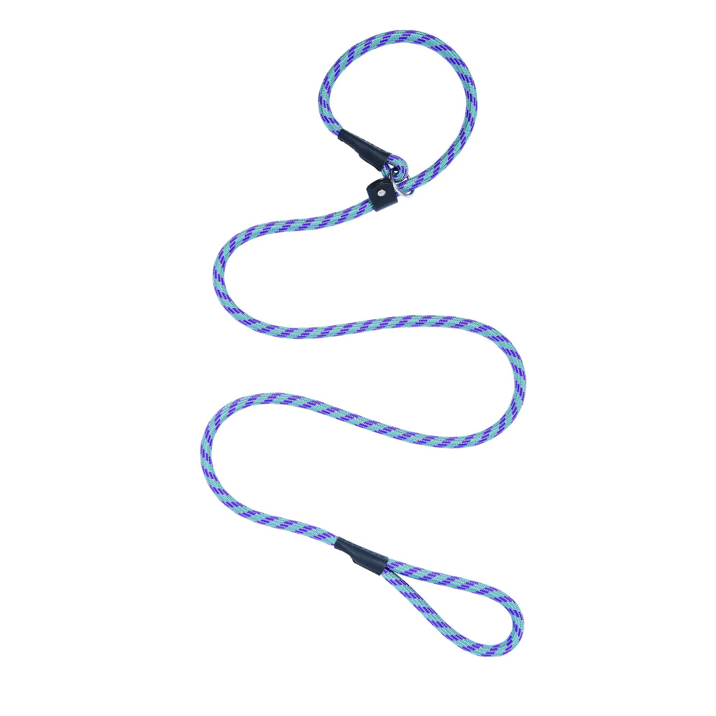 Terrain D.O.G. Rope Slip Lead in a vibrant teal and purple patterned climbing-style rope. This durable, adjustable dog leash features a high-quality leather stopper, heavy-duty metal O-ring, and an integrated handle loop. Ideal for professional dog training, hiking, and outdoor adventures, this USA-made rope leash provides strength and control for any breed. Perfect for pet owners seeking a stylish, high-performance, heavy-duty slip lead.