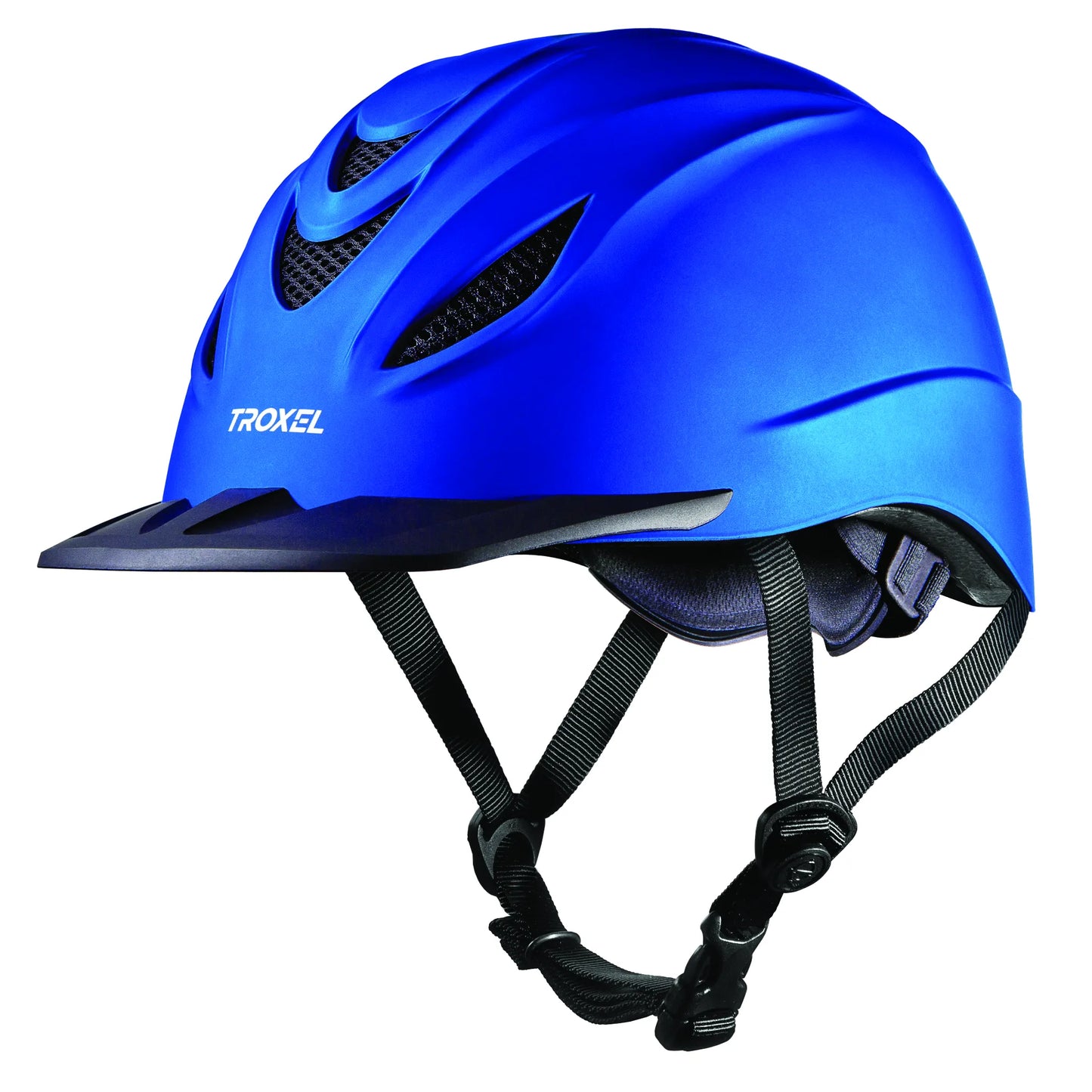 Troxel Intrepid Western Riding Helmet in a vibrant matte blue finish. This lightweight, low-profile equestrian helmet features superior ventilation with large mesh-covered ports and a sleek black sun visor. Designed for safety and style, it includes adjustable black chin straps for a secure, comfortable fit. An essential piece of high-performance horseback riding gear for Western riders seeking both maximum protection and a modern aesthetic.