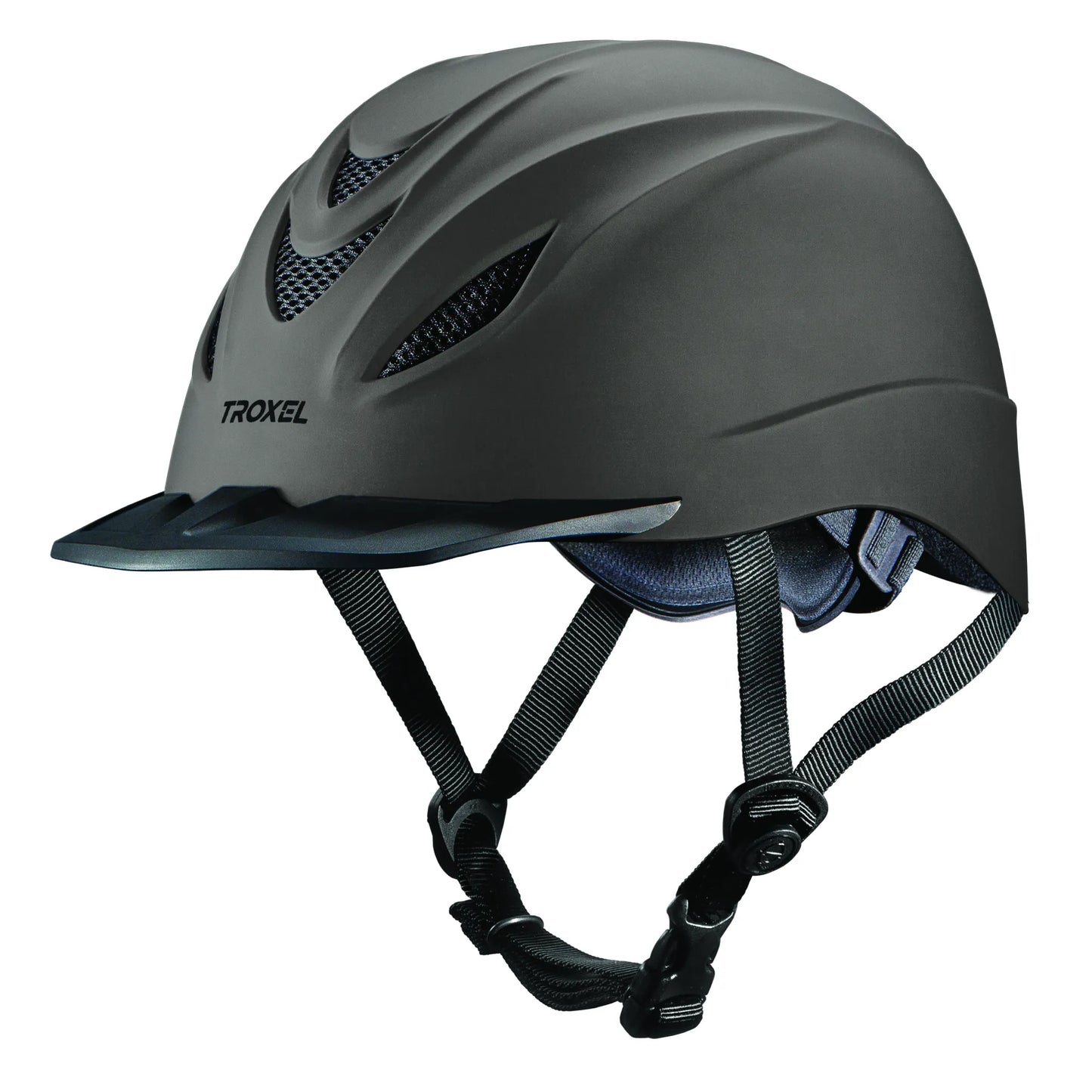 Troxel Intrepid Western Riding Helmet in matte black, featuring a low-profile, lightweight design with honeycomb mesh ventilation for maximum breathability. This stylish equestrian safety helmet includes a built-in sun visor and adjustable chin straps for a secure, custom fit. Ideal for western riders, trail riding, or schooling, it combines modern performance with classic style for ultimate rider protection.