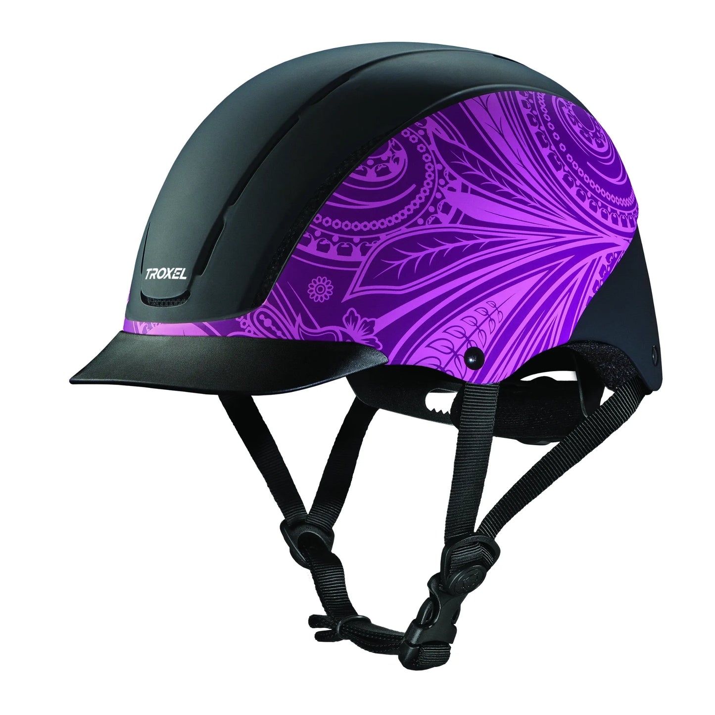Troxel Spirit Low Profile Western Riding Helmet in a sleek matte black finish with a vibrant purple paisley floral graphic. This stylish equestrian helmet features a low-profile design, a protective black sun visor, and adjustable chin straps for a secure, comfortable fit. Ideal for horseback riding, schooling, and trail riding, it blends superior safety with a trendy western aesthetic for riders seeking both performance and style.