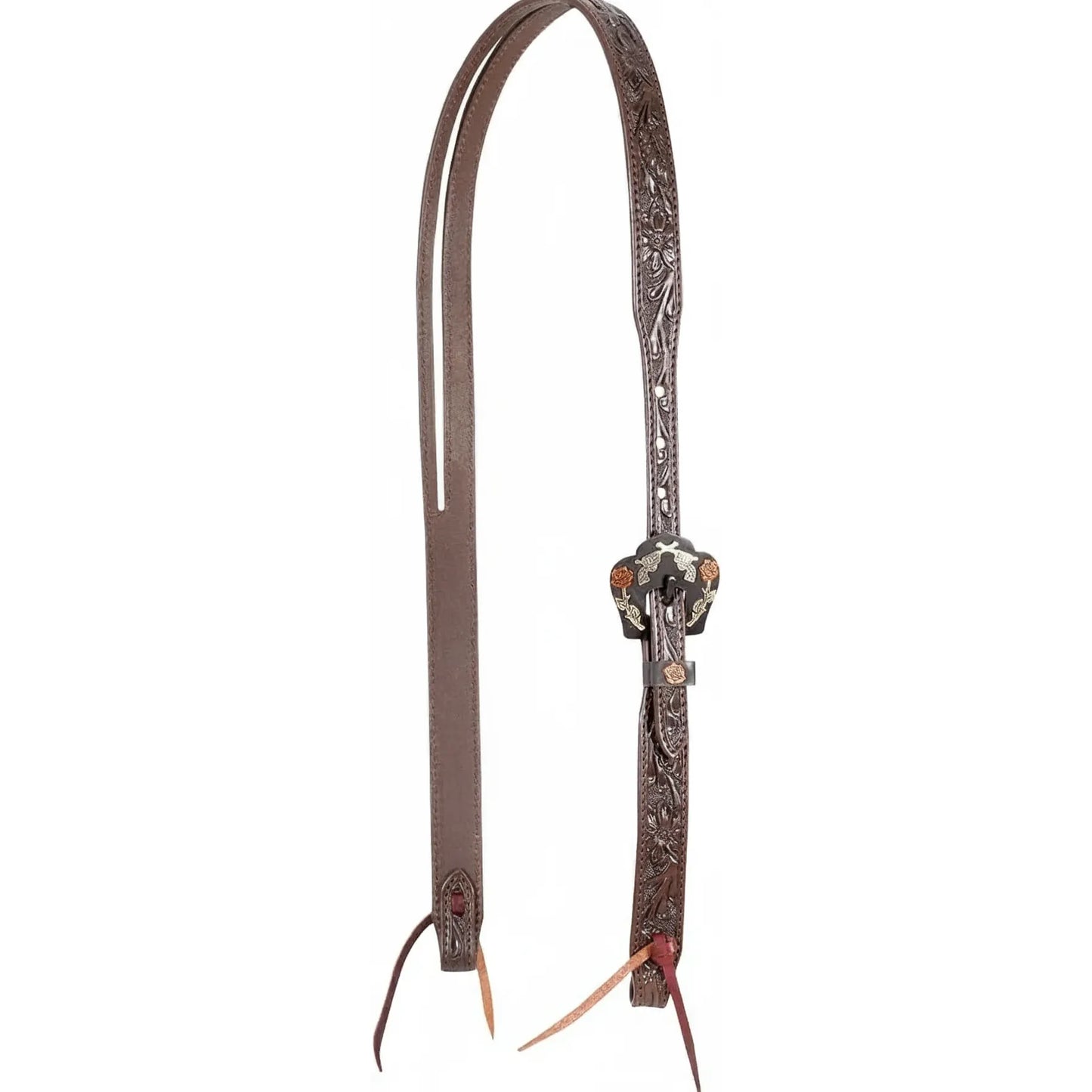 Cashel Chocolate Slip Ear Headstall featuring intricate Desert Flower floral tooling on premium brown leather. This western horse headstall showcases an ornate engraved buckle set with silver and copper floral accents. Complete with tie-bit ends, this stylish piece of tack is perfect for western pleasure, trail riding, or competition. Elegant craftsmanship for the discerning equestrian.