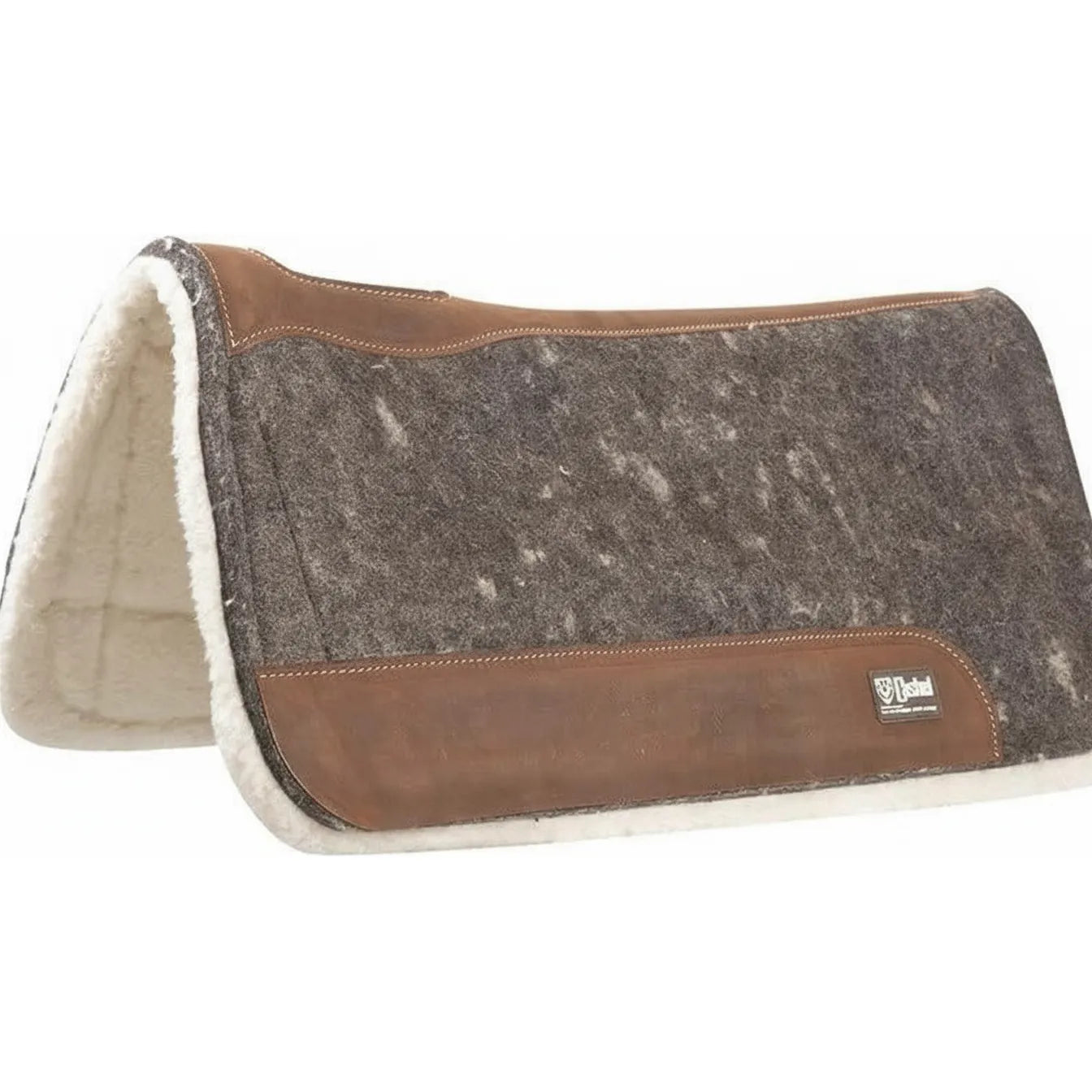 Cashel Performance Felt Saddle Pad in grey, 31" x 33", featuring a 3/4" natural wool fleece lining and durable brown leather wear leathers. This high-quality western saddle pad has a contoured split design to provide a superior fit and comfort for your horse. Ideal for performance, ranch work, or trail riding, the grey felt and white fleece provide excellent shock absorption and moisture wicking. Premium horse tack for serious riders.