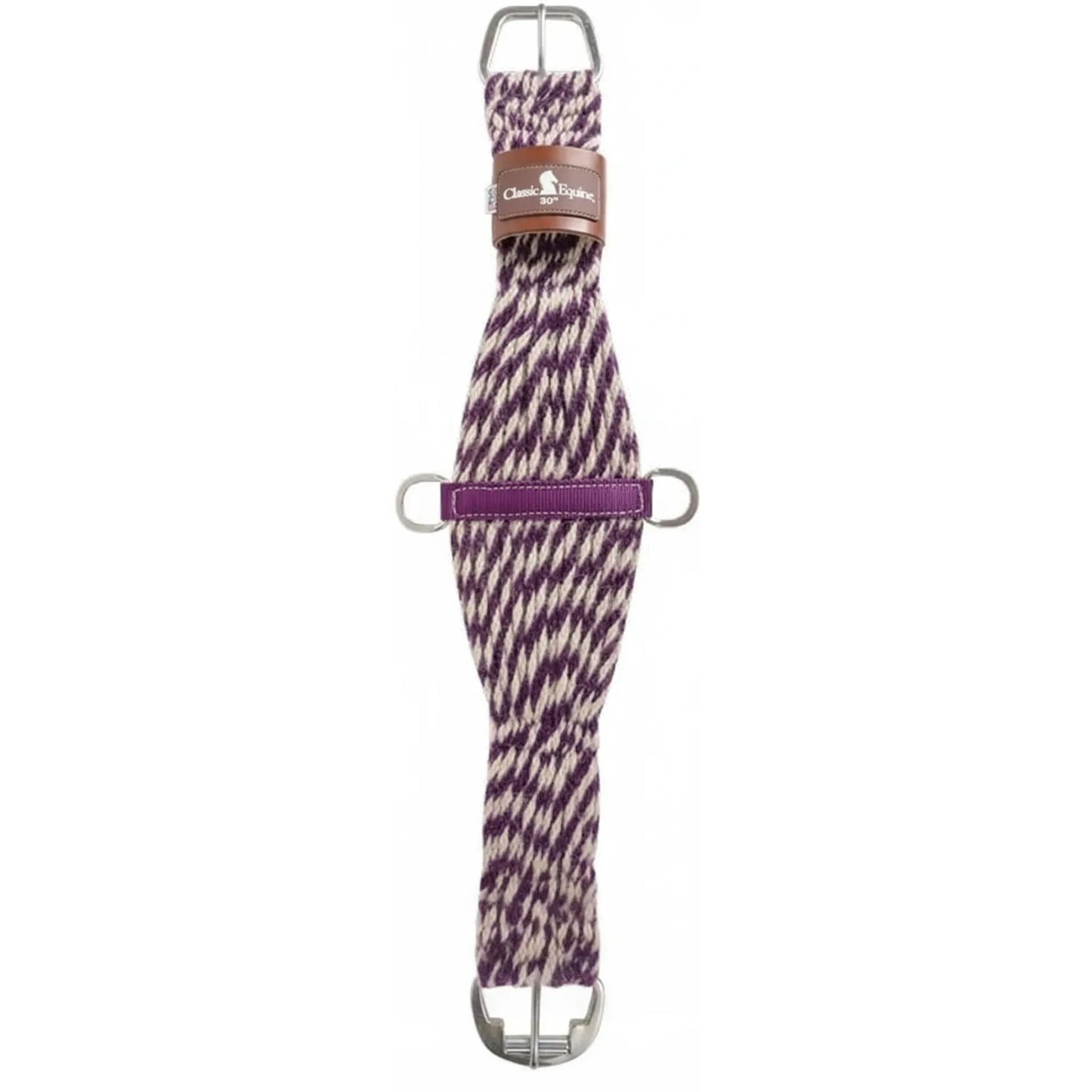 Classic Equine 27-Strand Mohair Cinch featuring 100% natural mohair in a stylish purple and cream twist pattern. This high-quality Western horse cinch includes stainless steel roller buckles for easy tightening, center D-rings with purple webbing reinforcement, and a brown leather logo keeper. Designed for maximum horse comfort and breathability during roping, trail riding, or performance work, this durable mohair cinch is essential tack for any Western rider.