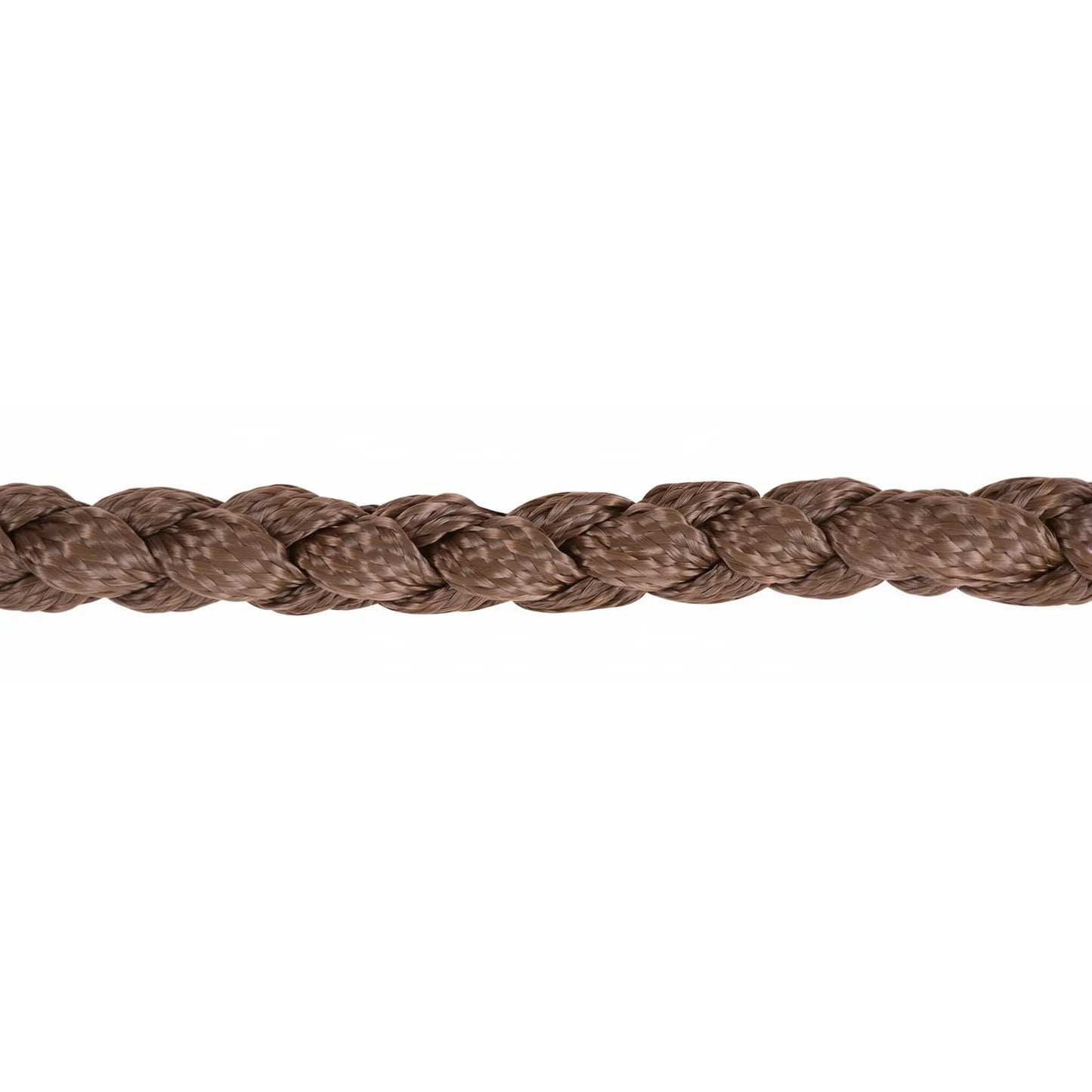Close-up of a durable brown braided lead rope from the Classic Equine Braided Halter set. Features a thick, UV-protected 8-foot weave perfect for horse handling and training. Essential high-quality equestrian tack for horse owners and riders looking for reliable gear.
