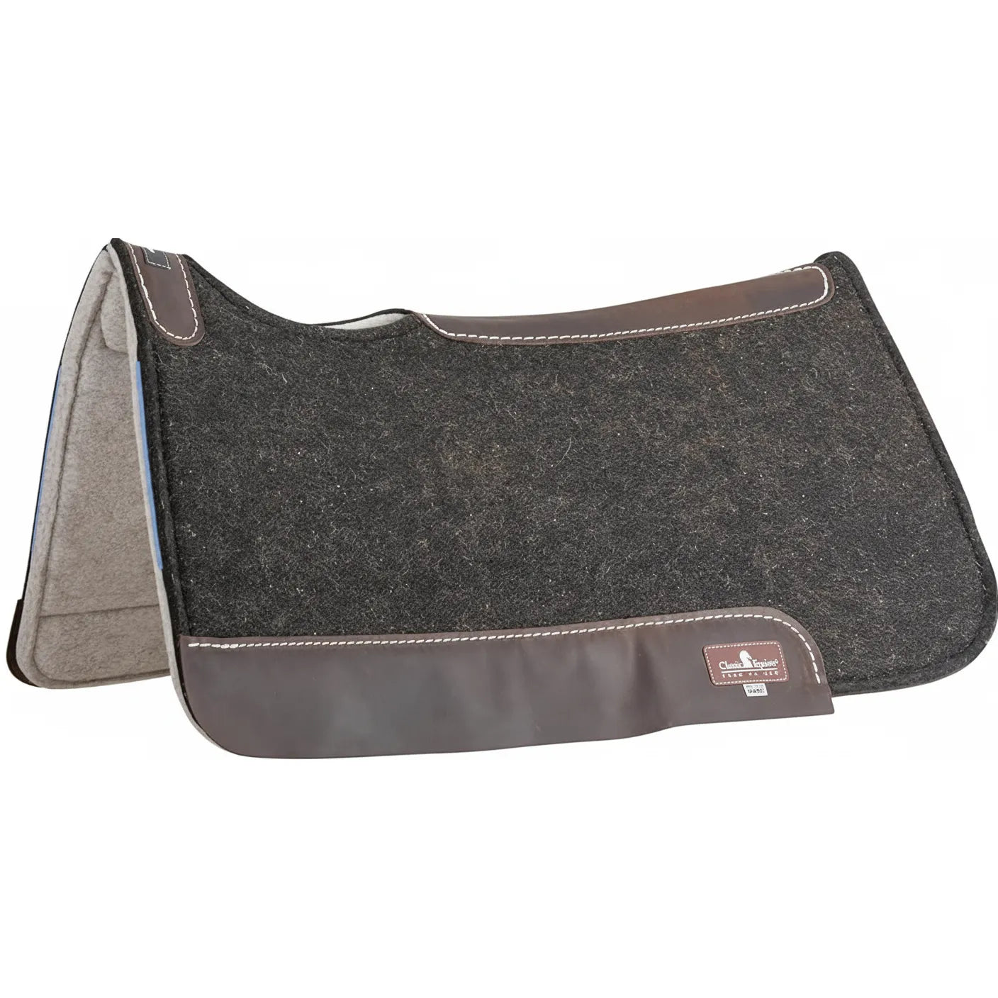 Classic Equine ESP Extra Sensory Protection Orthopedic Felt Saddle Pad in black, 31" x 32" x 1". This Western horse saddle pad features high-quality dark charcoal wool felt, a contoured spine for a perfect fit, and durable brown leather wear leathers. Designed for maximum shock absorption and comfort, it is an ideal choice for barrel racing, roping, or performance riding. Durable and professional equestrian gear for superior horse protection and performance.