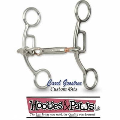 Classic Equine Carol Goostree Gag Horse Bit featuring a three-piece stainless steel mouthpiece with copper inlays. This expertly crafted equestrian bit offers precise control with sliding gag shanks, perfect for barrel racing or performance training. Durable and rust-resistant stainless steel construction ensures long-lasting quality. A premium choice for riders seeking refined communication, available at Hooves & Paws in a 5" to 5-1/8" size.