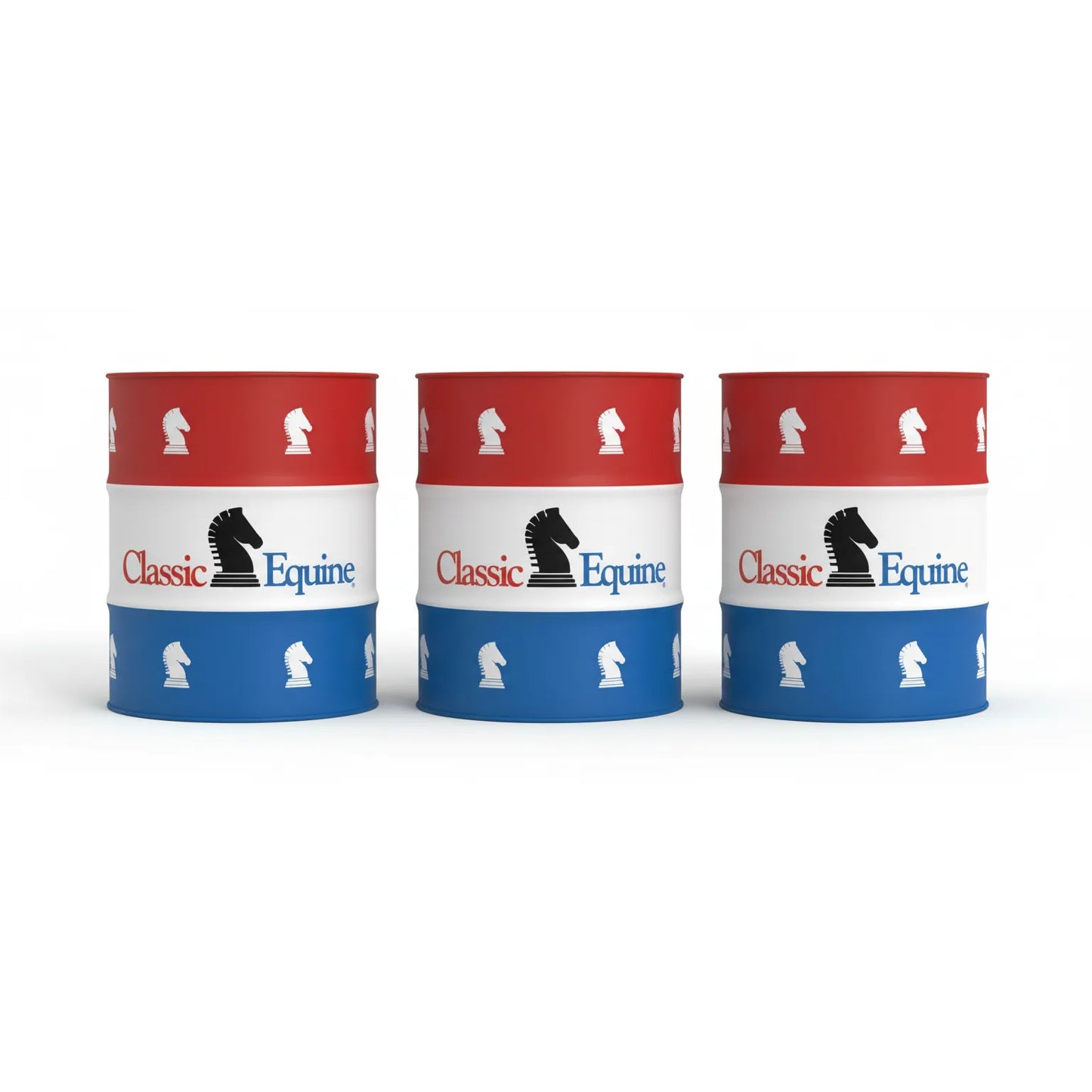 Set of 3 Classic Equine heavy-duty vinyl barrel covers featuring a patriotic red, white, and blue striped design. Each cover showcases the Classic Equine logo and repeating white horse head icons. These durable, weather-resistant covers fit standard 44-gallon barrels, making them perfect for professional barrel racing, rodeo practice, and equestrian arena branding. A stylish and functional addition to any horse trainer's or competitor's gear collection.