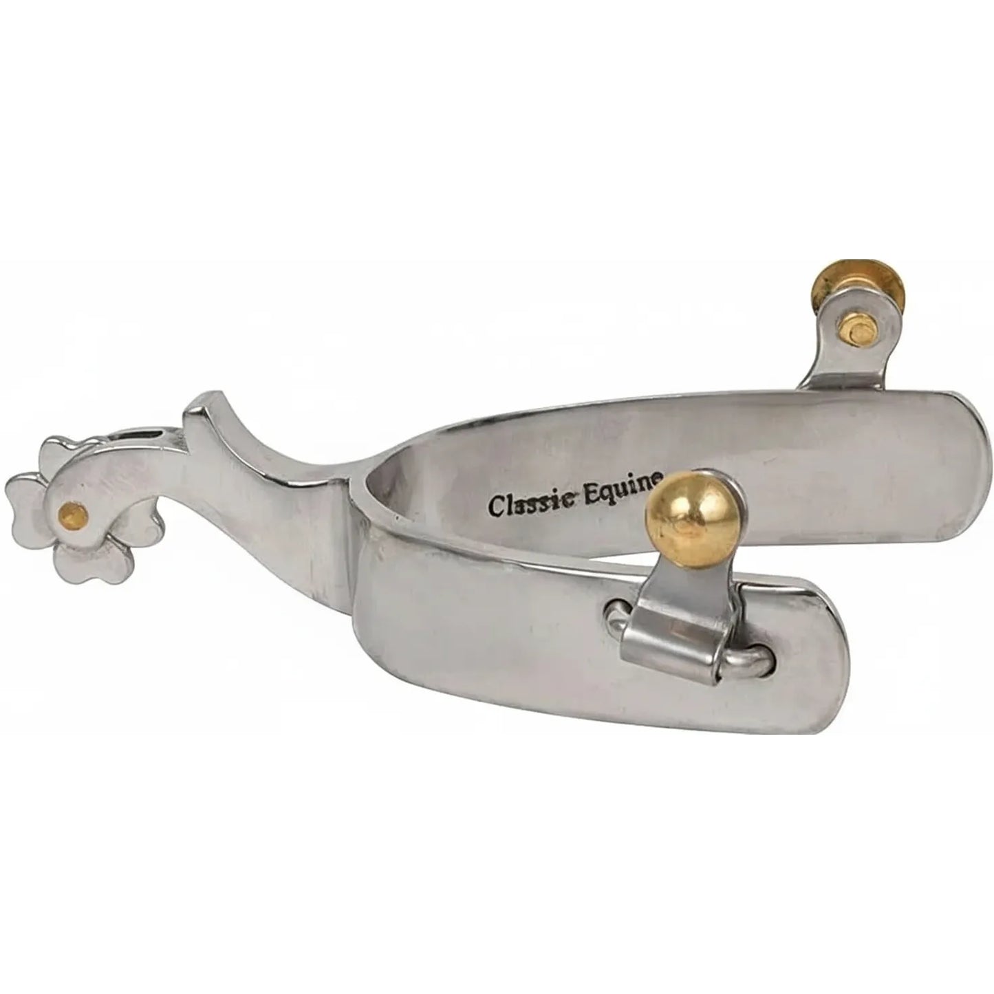 Classic Equine SS Clover 4pt Chap Guard Spur. Polished 1-inch stainless steel western spur band with elegant gold-tone buttons and a clover-shaped 4-point rowel. Features a protective chap guard on the neck to prevent catching. Premium equestrian riding equipment designed for durability and a sophisticated look, perfect for western performance and training.