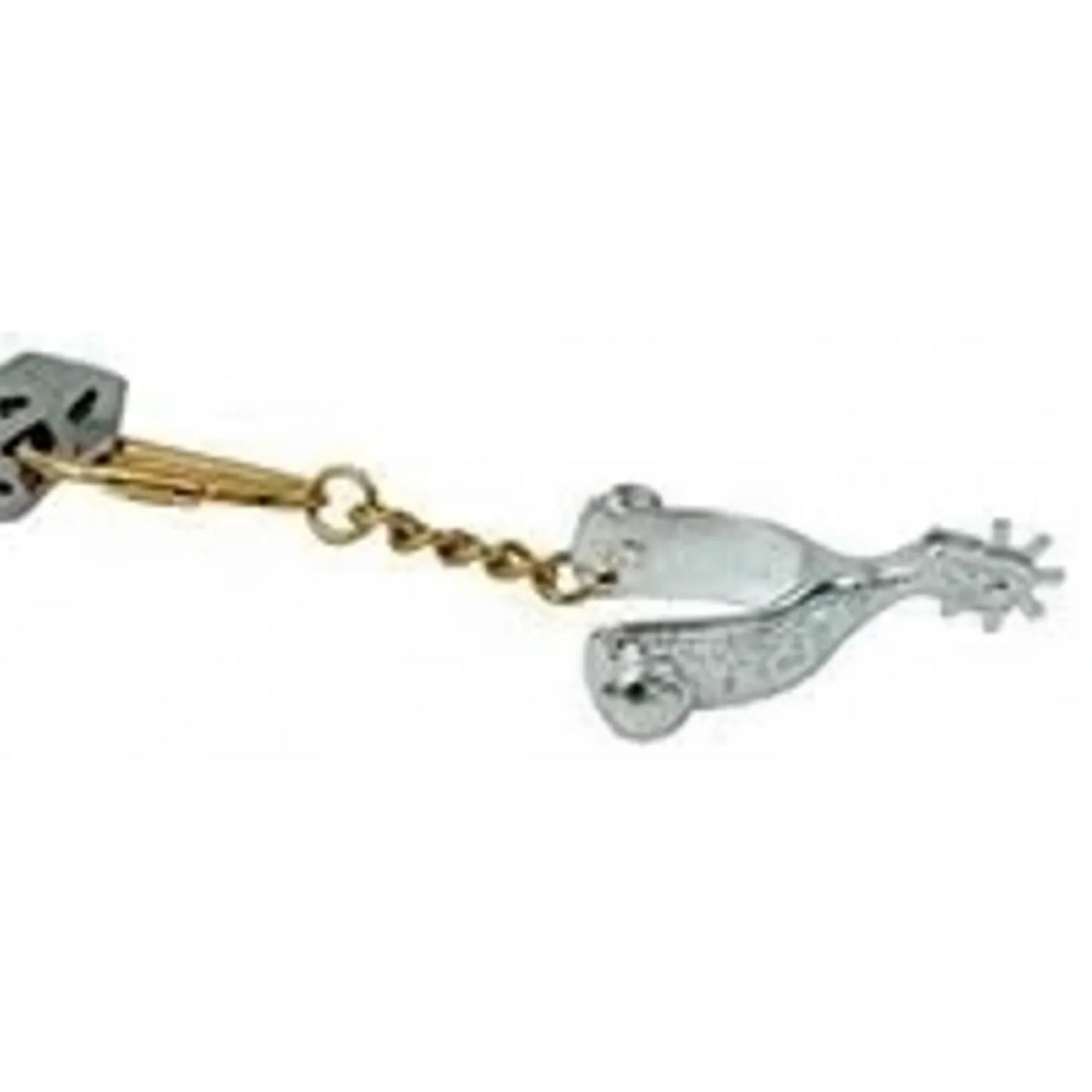 Silver plated miniature western spur keychain by Hooves and Paws featuring a detailed 3-D engraved design and a functional, turning spiked rowel. This realistic equestrian accessory is attached to a metallic chain with a sturdy clasp. A perfect western gift for horse lovers, cowboy enthusiasts, or anyone who appreciates detailed horse tack collectibles. The high-quality silver finish and compact 1 oz size make it an ideal decorative charm for keys or gear bags.