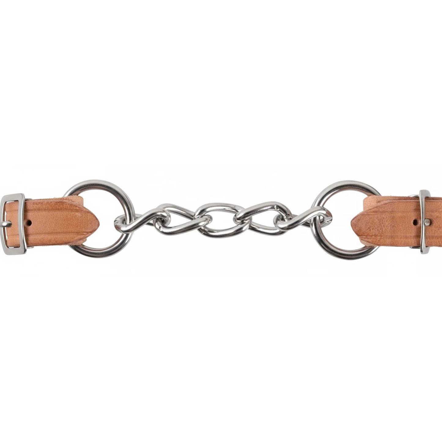 Martin Saddlery 5-Link Harness Leather Curb Strap crafted from premium light tan Hermann Oak leather. This high-quality equestrian accessory features a durable stainless steel 5-link chain center and matching stainless steel buckles for secure, adjustable attachment to Western bits. Designed for durability and refined communication, it's a must-have piece of professional horse tack for any Western rider's bridle setup.
