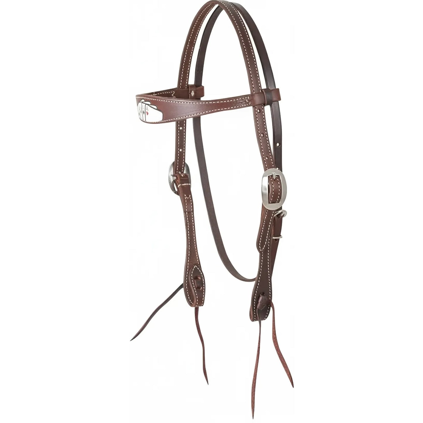 Martin Saddlery Card Suit Browband Headstall in rich chocolate leather featuring a unique playing card motif on the browband. This premium Western horse headstall is detailed with crisp white contrast stitching, polished stainless steel buckles, and traditional leather tie-end bit attachments. A stylish and durable piece of horse tack perfect for barrel racing, ranch work, or western pleasure riding.