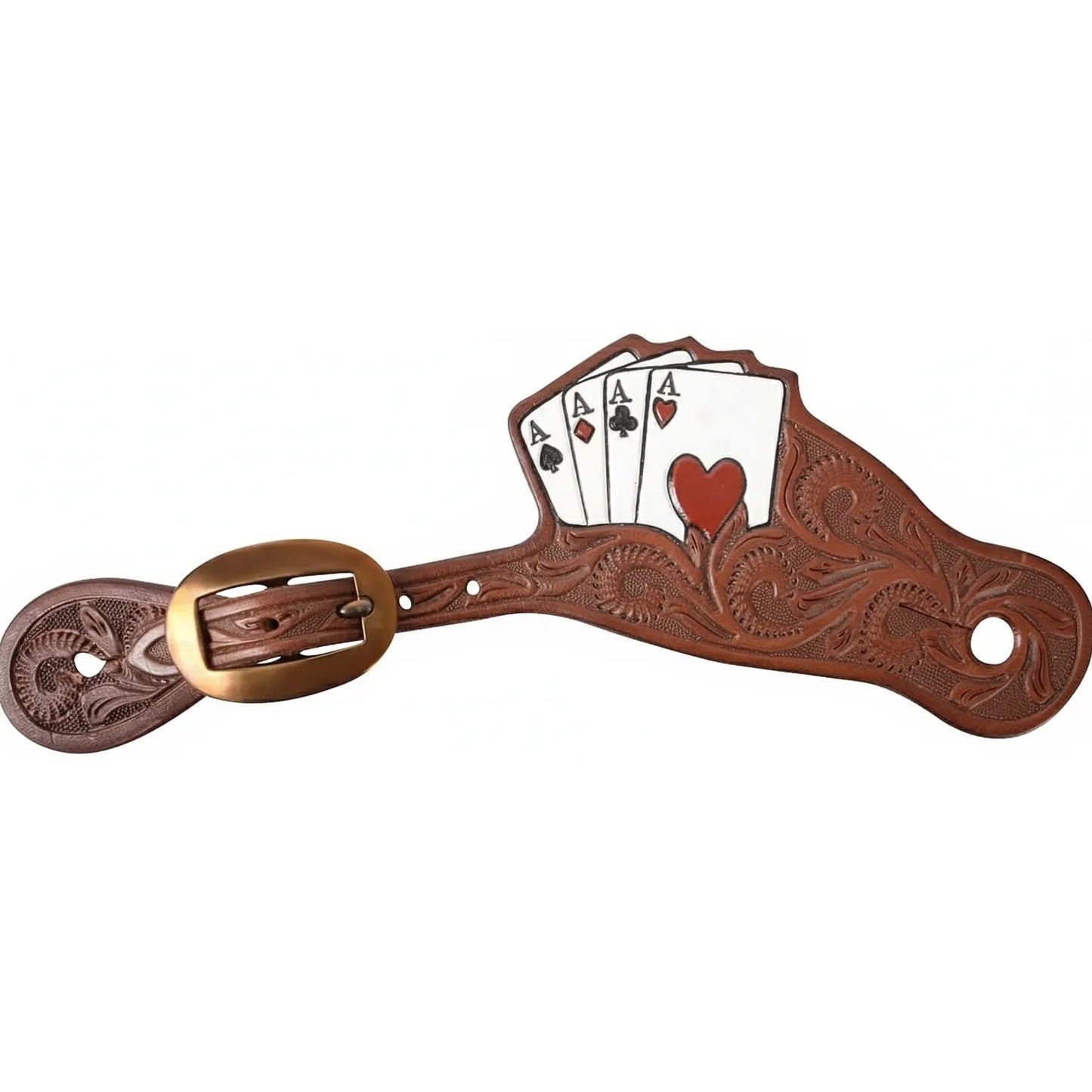 Martin Saddlery Cowboy Card Suit Spur Straps in natural harness leather with detailed leaf stamping. This western riding gear features a hand-painted Four Aces design—spades, diamonds, clubs, and hearts—against an intricately tooled floral pattern. Includes a sturdy brass buckle for an adjustable fit on riding boots. A high-quality accessory for horse riders, perfect for adding a custom gambler flair to traditional equestrian apparel.