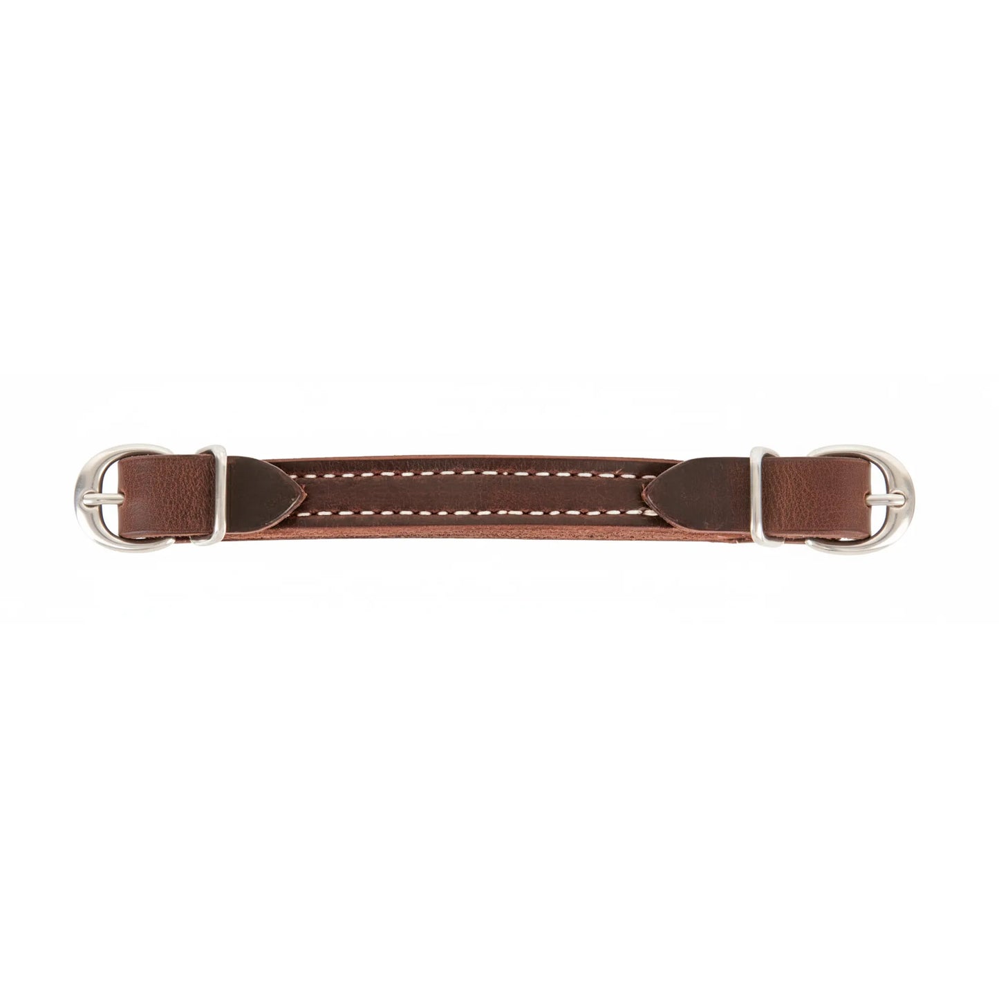 Martin Saddlery Latigo Leather Curb Strap in a rich dark brown finish with elegant white contrast stitching. This high-quality adjustable horse tack features durable stainless steel buckles for a secure fit on any Western bridle. A premium equestrian accessory designed for bit stability and control, handcrafted for long-lasting performance in the arena or on the trail.