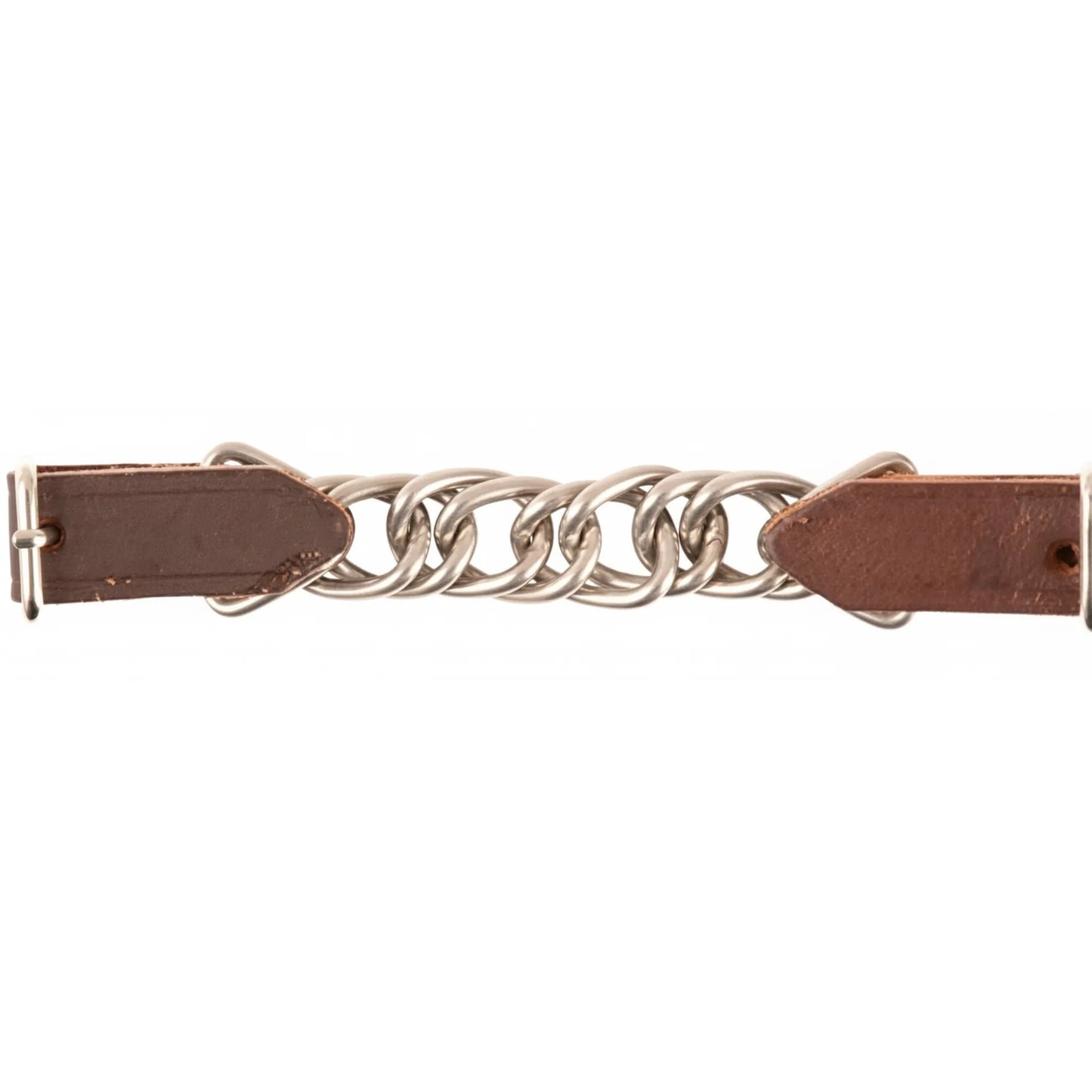 Martin Saddlery Latigo Leather Curb Strap featuring a durable stainless steel flat chain design. This high-quality western horse tack includes rich brown latigo leather ends with adjustable buckles for a precise fit. An essential piece of equestrian equipment for clear communication and style, showcasing premium craftsmanship and a classic western aesthetic.
