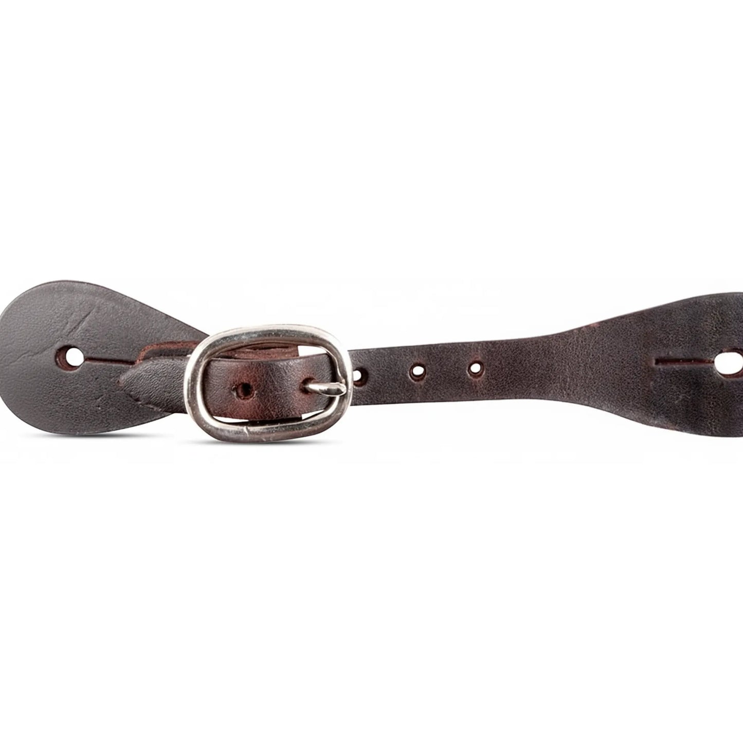 Martin Saddlery Latigo Leather Spur Straps featuring a rich dark brown finish and a durable nickel over brass buckle. These high-quality western spur straps are designed for style and longevity, with pre-punched adjustment holes and a classic contoured shape. Ideal for daily riding, competition, or ranch work, this pair of handcrafted leather straps provides a secure fit and timeless equestrian look.