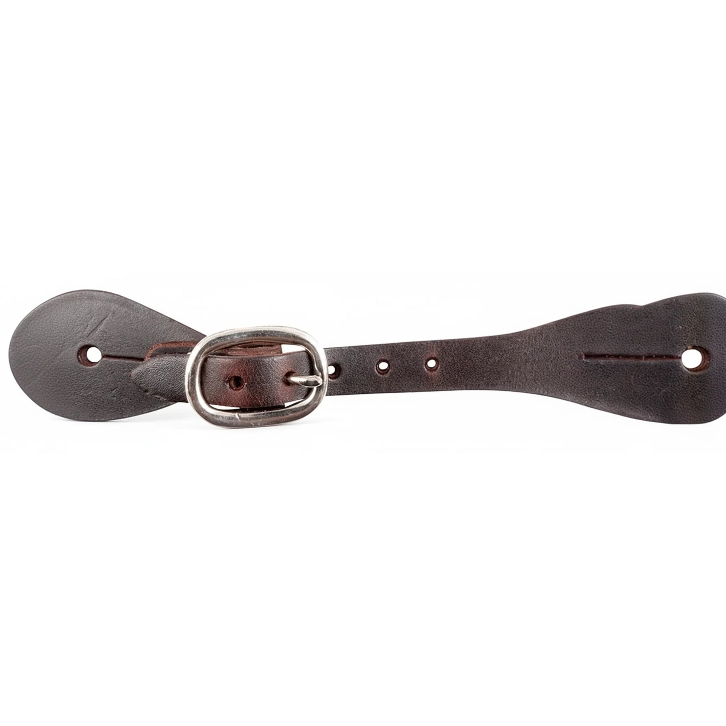 Martin Saddlery small brown latigo leather spur straps for western riding. This durable dark brown leather strap features a polished nickel over brass oval buckle and traditional teardrop shaped ends with pre-punched holes for easy attachment to spurs. High-quality equestrian accessory perfect for training, ranch work, or western horse shows.