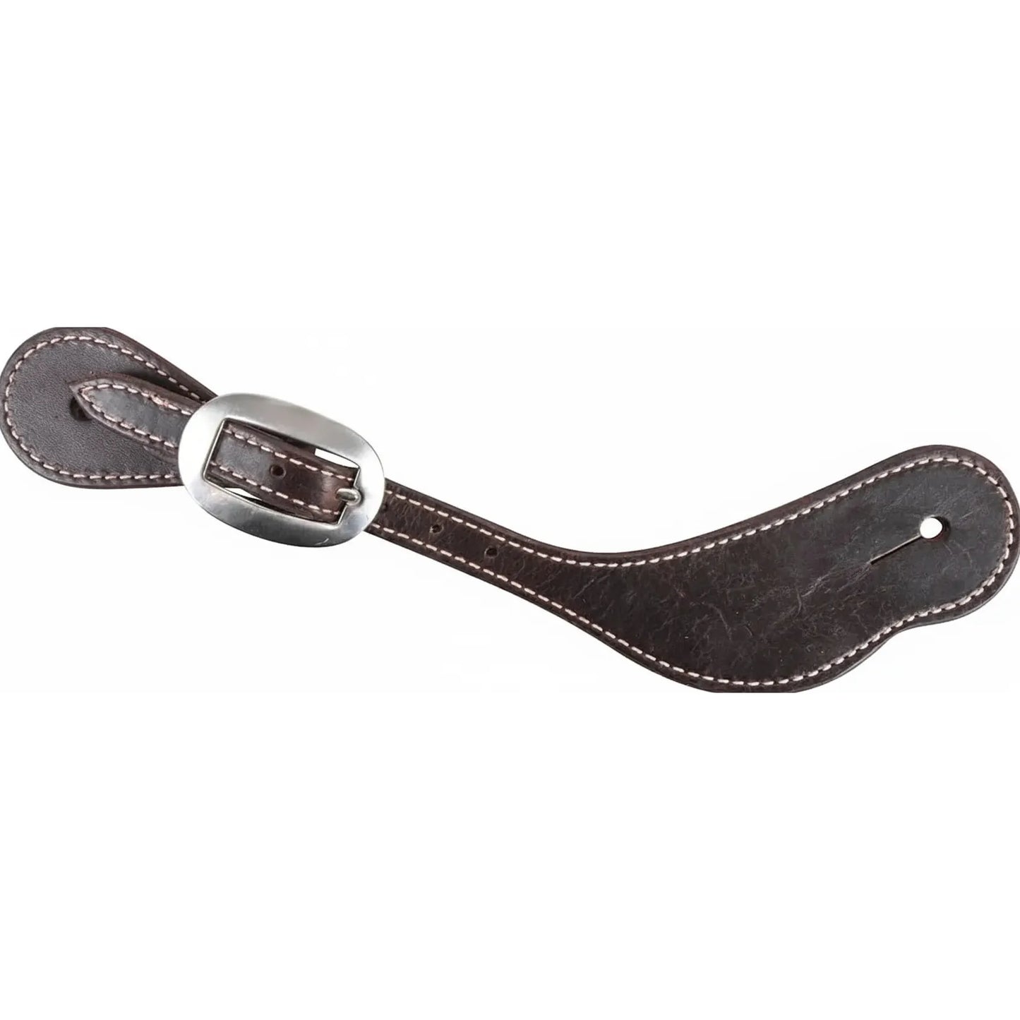 Martin Saddlery Latigo Stitched Cowboy Spur Straps in dark brown latigo leather. These western spur straps feature classic white contrast stitching and sleek stainless steel cart buckles. The ergonomic SSCLS design includes teardrop ends with button holes for a secure fit on cowboy boots. Perfect for equestrian performance or ranch work, these durable leather straps combine traditional western style with professional quality.