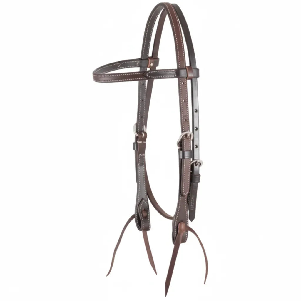 Martin Saddlery 5/8" Skirting Leather Browband Headstall in dark brown with a textured roughout browband. This Western horse headstall features stainless steel buckles and traditional leather tie-bit ends for a secure fit. A durable and high-quality piece of equestrian tack perfect for ranch work, trail riding, or training, offering a classic look and professional performance.
