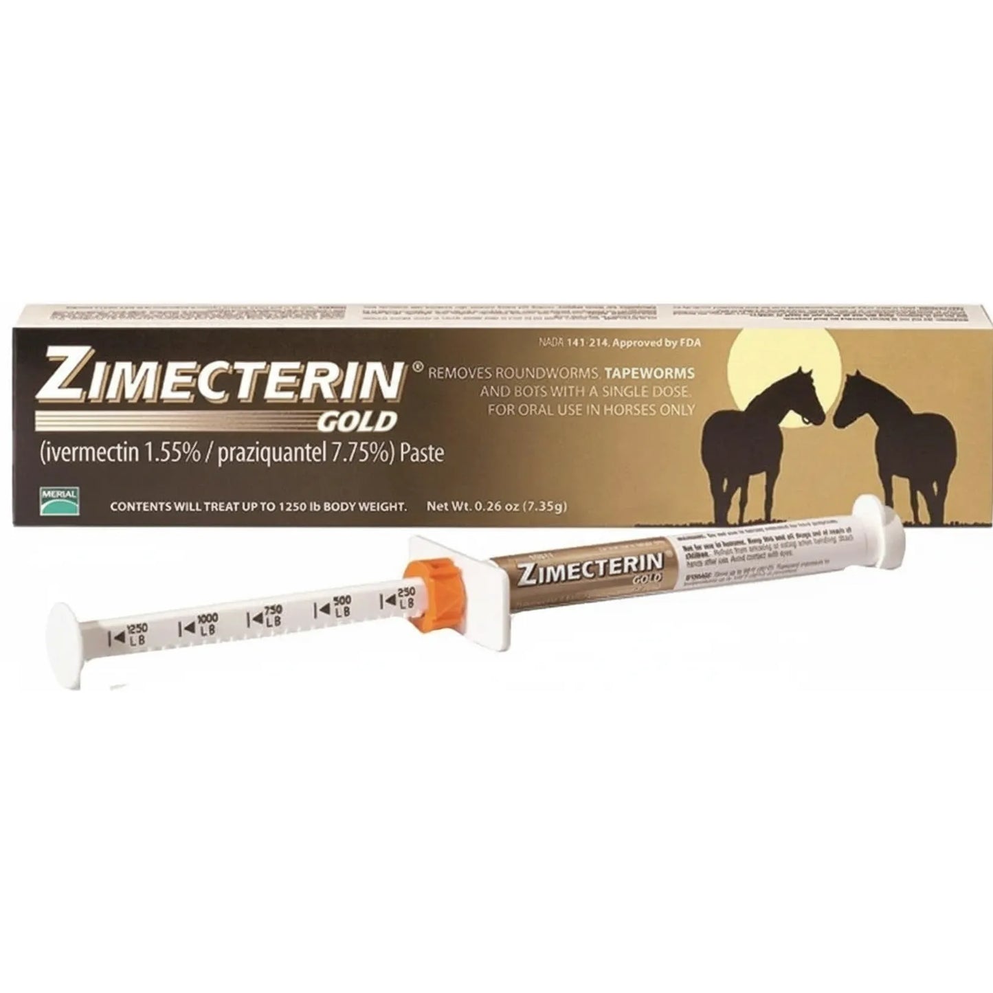 Merial Zimecterin Gold Horse Dewormer Paste in its brown and gold box with a white oral syringe. This 7.35g tube contains ivermectin 1.55% and praziquantel 7.75% to effectively remove tapeworms, roundworms, and bots in a single dose. The adjustable syringe features clear notches for accurate dosing up to 1,250 lbs. Essential equine healthcare for parasite control and horse wellness.