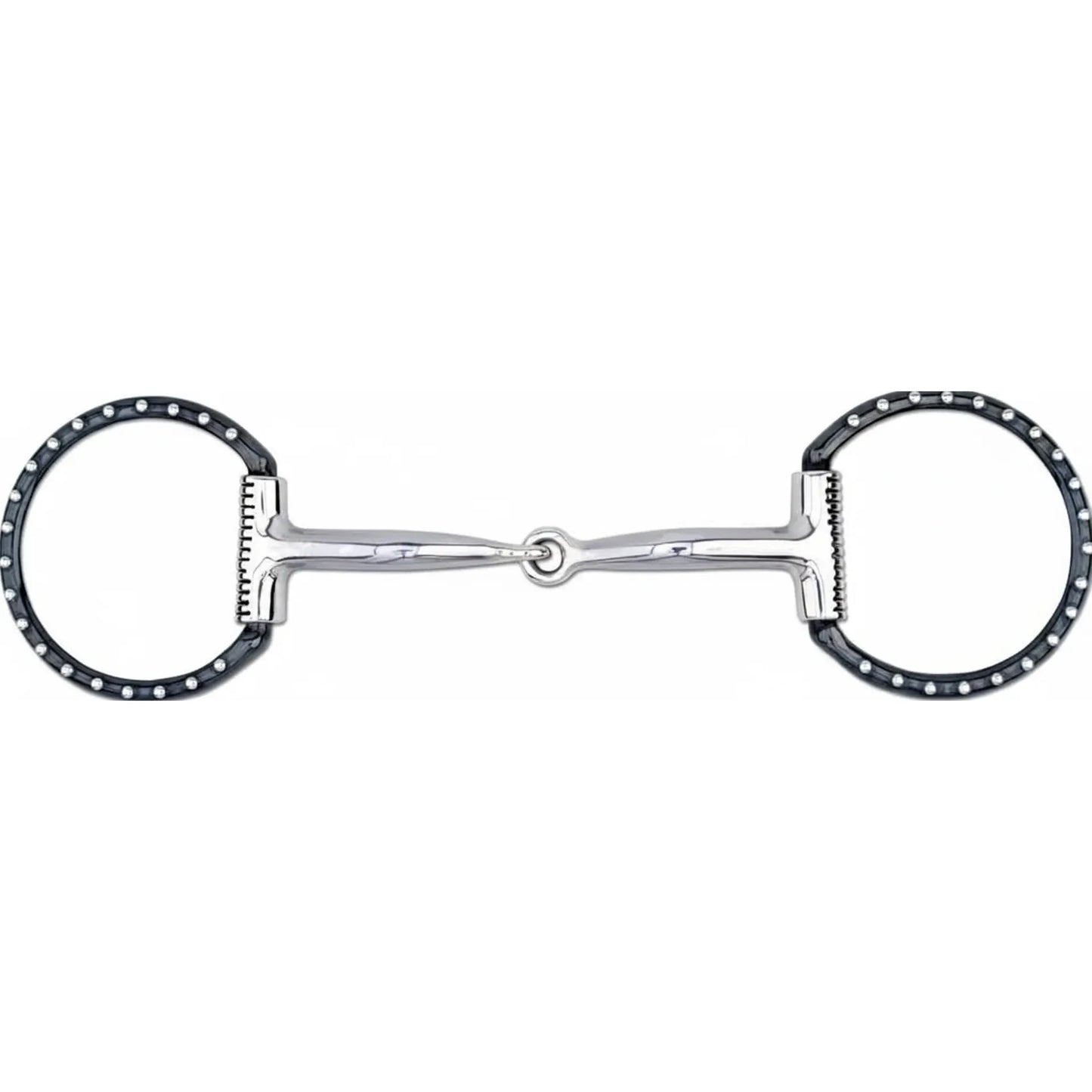 Myler 09 Black Dee Horse Bit featuring a 5-inch Level 1 Comfort Mouthpiece. This single-jointed snaffle bit is crafted from sweet iron with copper inlays to promote salivation and relaxation. The stylish black Dee rings are adorned with decorative silver studs, offering a classic look for equestrian training and riding. Perfect for horses needing a gentle, responsive bit, this high-quality horse tack combines comfort, style, and durability.