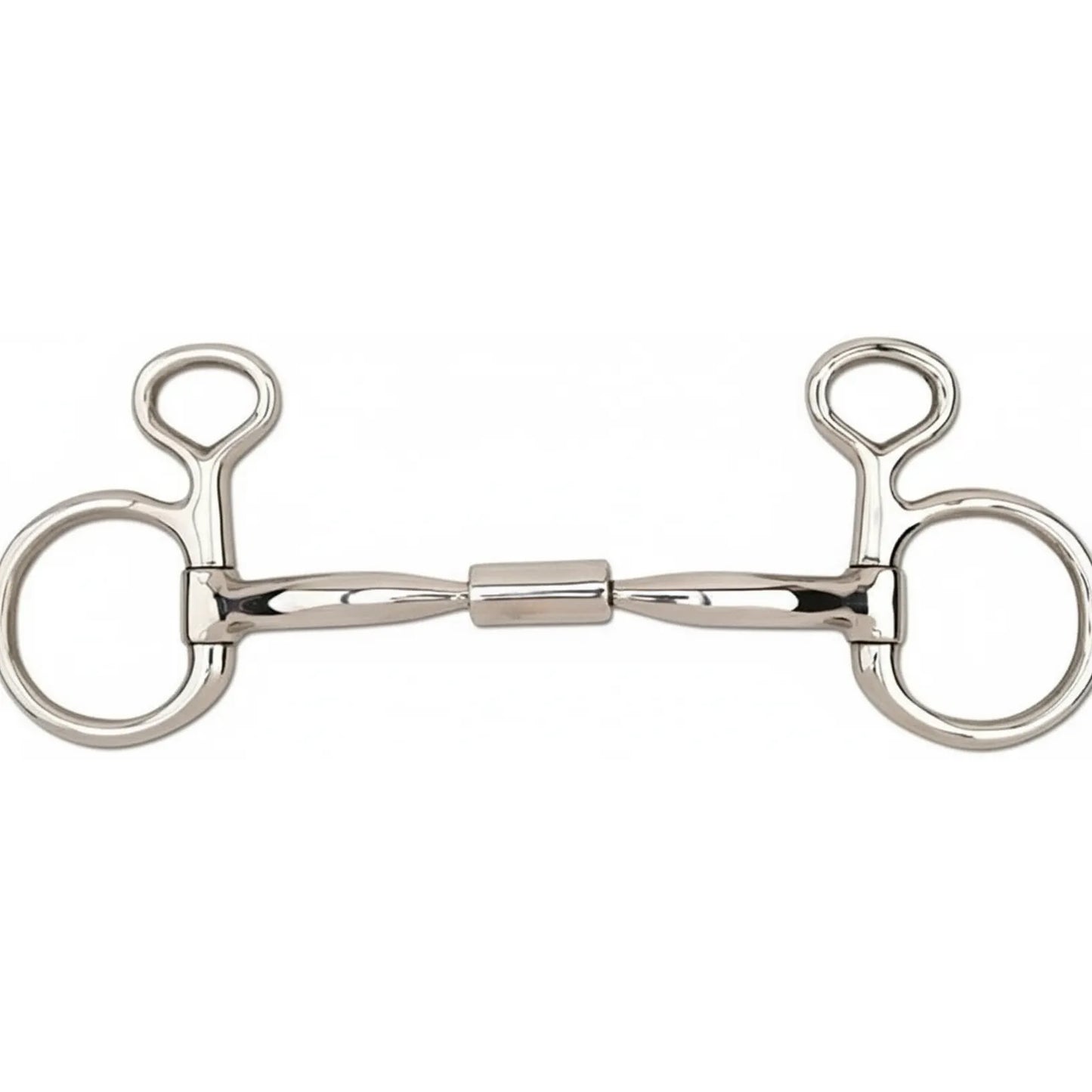 Myler MB 02 Comfort Snaffle Wide Barrel Small Baucher Horse Bit in polished stainless steel. This Level 1 equestrian training bit features a hanging cheek design for stability and a curved mouthpiece with a wide barrel to provide tongue relief and clear communication. A high-quality bit ideal for young horses or riders looking for a gentle, effective snaffle with copper inlays for salivation.