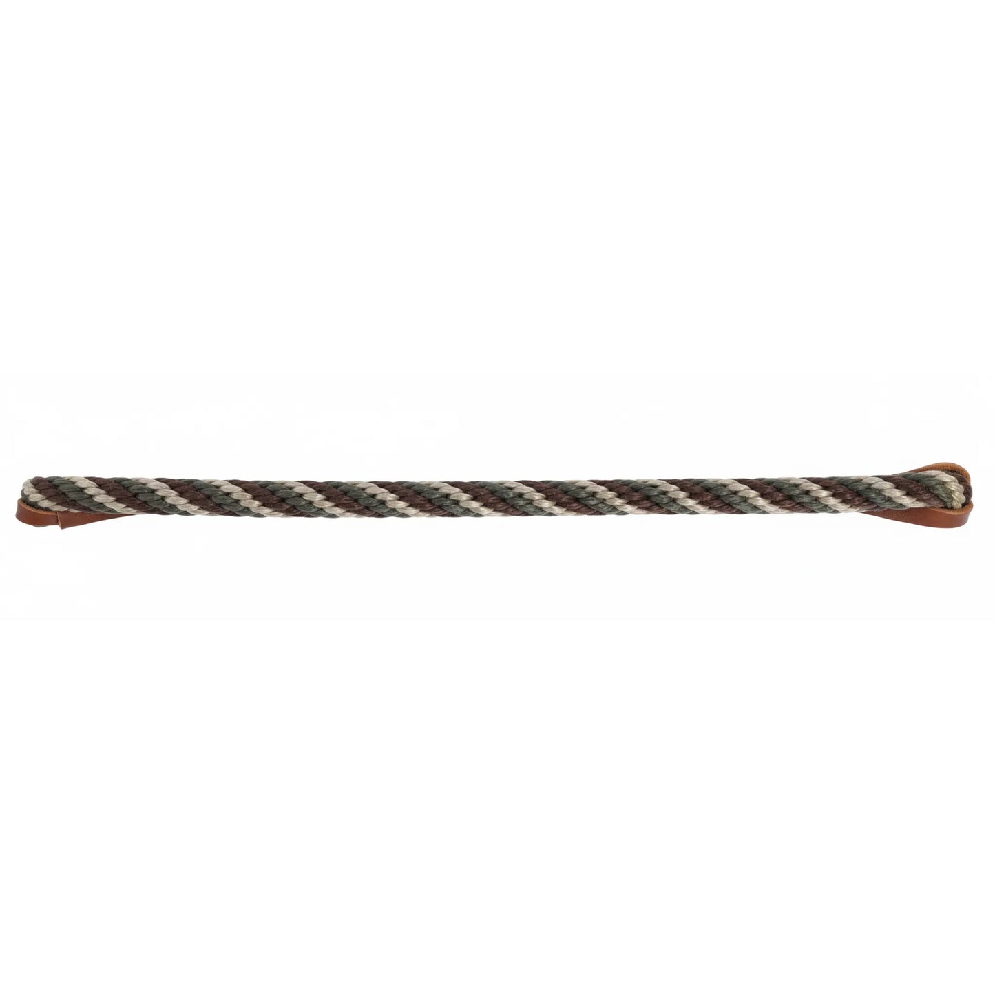 Professional's Choice 6690 Braided Poly Rope Roping Reins in Olive, Brown, and Jute. These 8ft x 3/8in western reins feature durable leather waterloops for secure attachment and a professional look. The high-quality braided poly rope provides a comfortable, non-slip grip, making them a top choice for roping, training, or trail riding. Elevate your equestrian gear with this stylish and functional horse tack designed for performance and reliability.