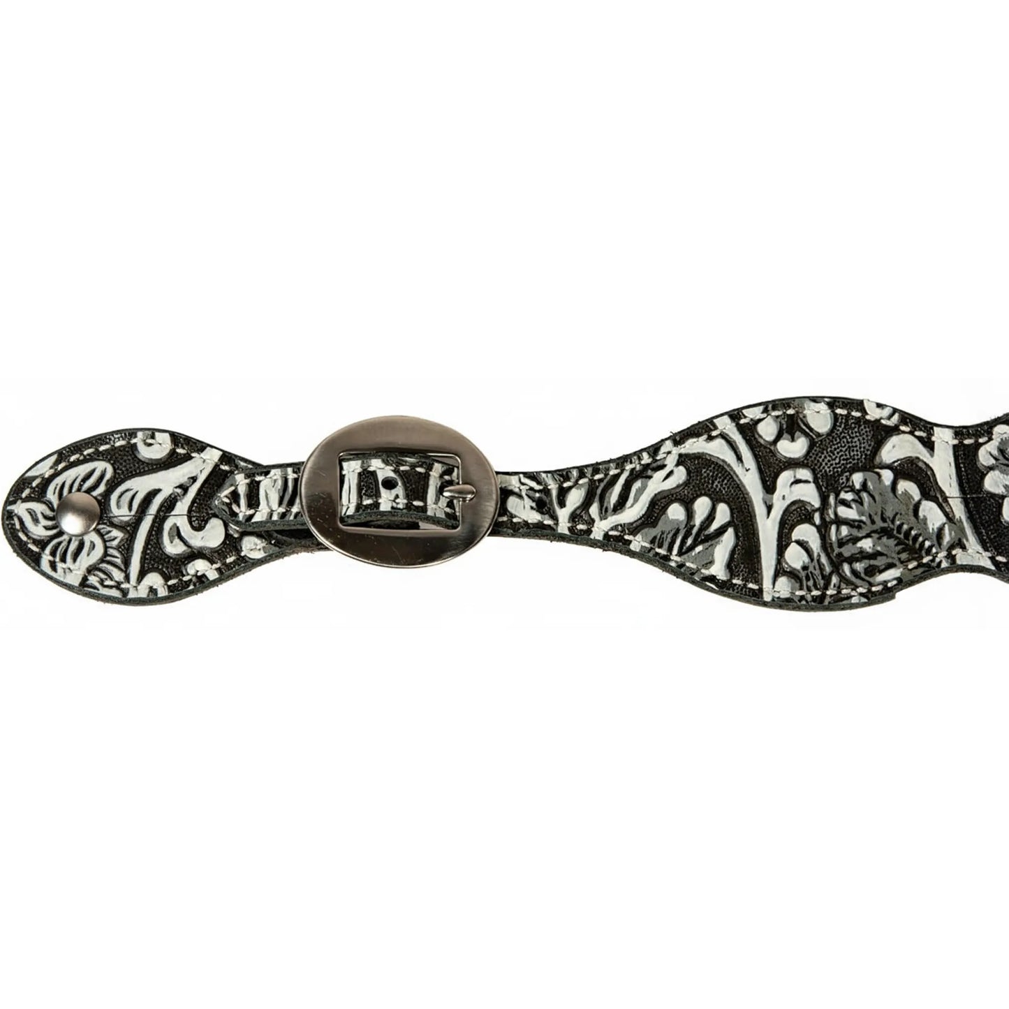Professional's Choice Black & White Paisley Spur Straps featuring hand-painted white floral and paisley designs on black leather. These stylish western spur straps include a polished silver oval buckle and reinforced white stitching, offering a bold, high-contrast look for any western horse tack collection or equestrian riding outfit.