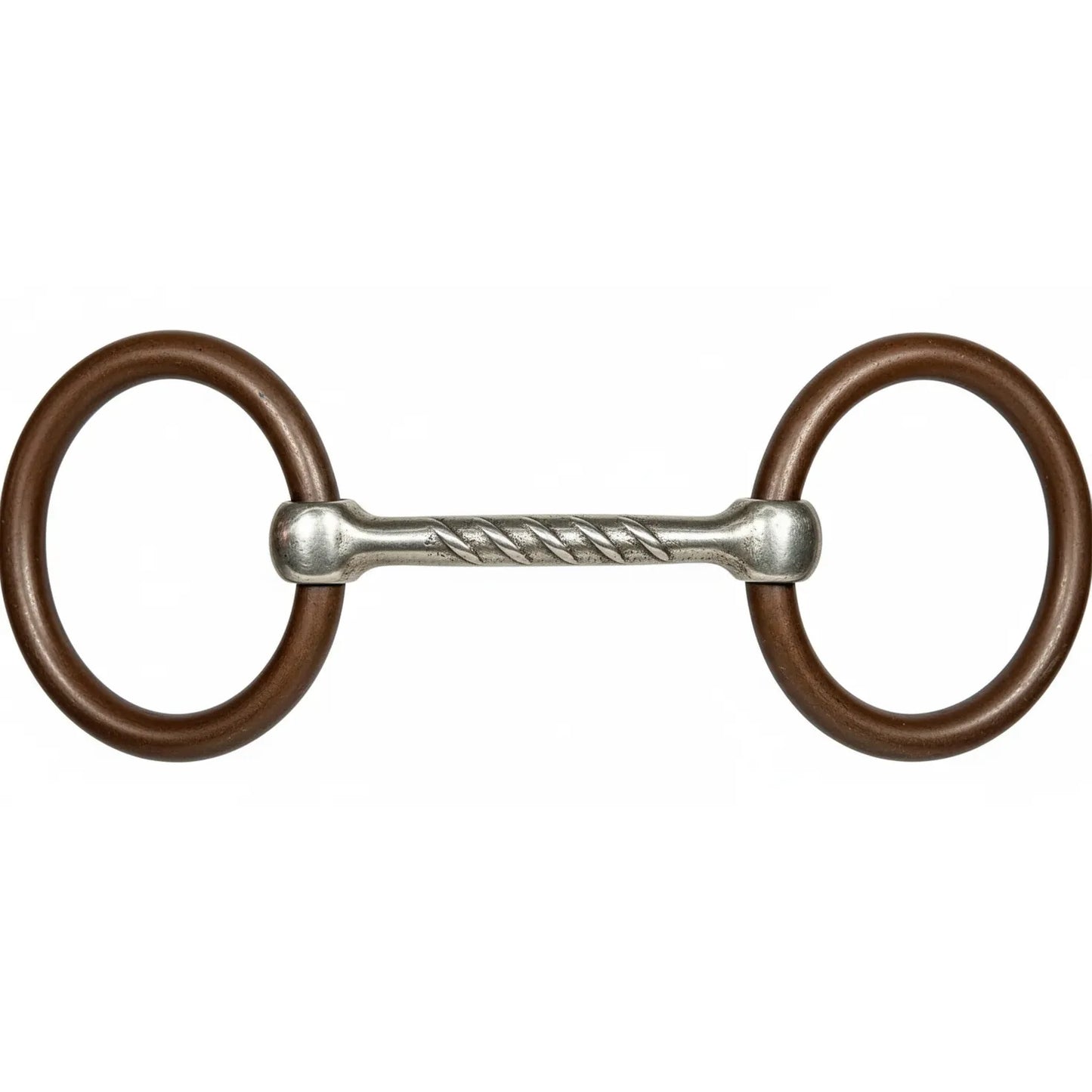 Professional's Choice Bob Avila Snaffle Horse Bit with a 5 1/4" twisted sweet iron mouthpiece and 3" dark brown rings. This high-quality loose ring snaffle is essential western horse tack designed to encourage salivation and light responsiveness. The sweet iron naturally oxidizes for a taste horses love, making it perfect for training or everyday riding. A durable and effective bit for any equestrian's collection.
