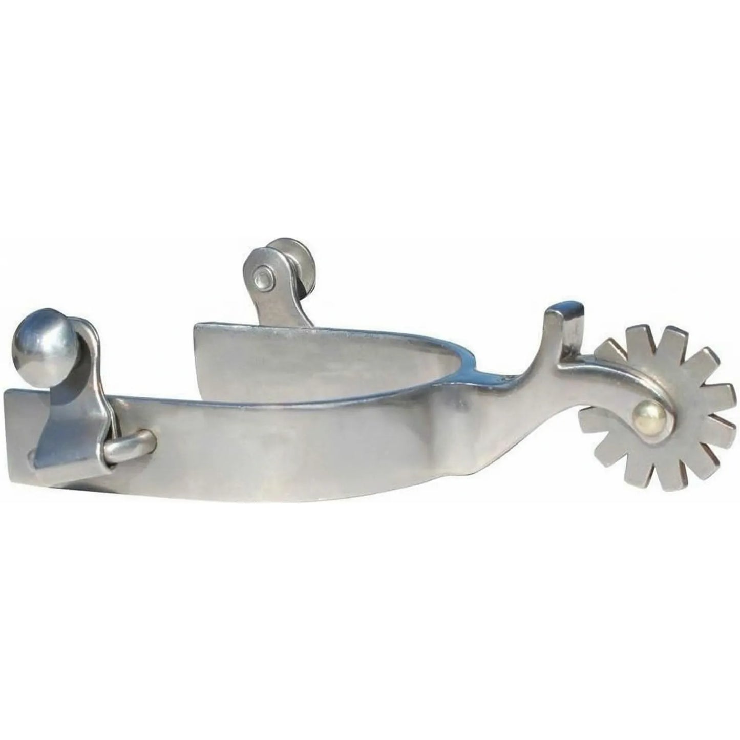 Professional's Choice Brittany Spur featuring a 3/4-inch stainless steel band and a blunt 12-point rowel. This high-quality western spur includes a curved shank and classic buttons for easy strap attachment. Ideal for precise cues and professional horse riding, these silver equestrian spurs offer durability and style for competitive or recreational western riders.
