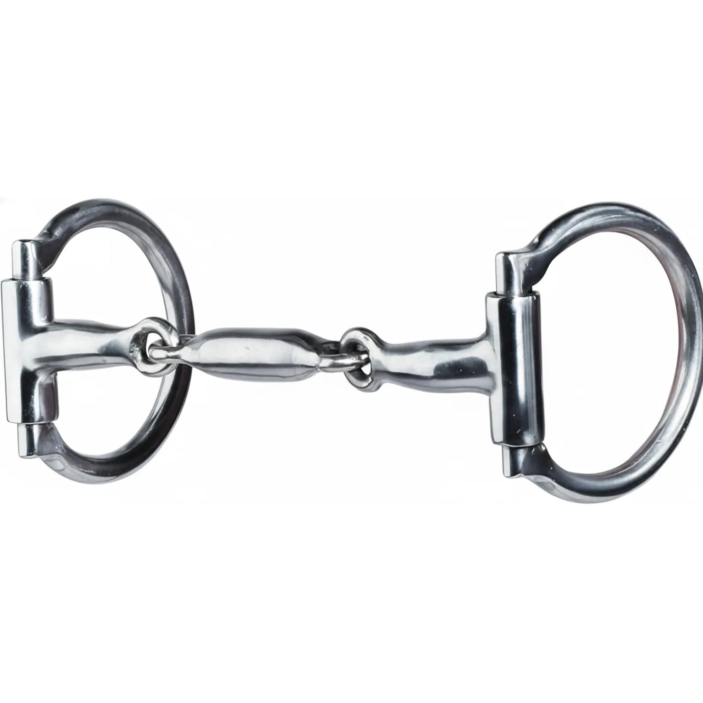 Professional's Choice D Ring 3-Piece Snaffle Horse Bit with a 5 1/4" sweet iron mouthpiece and 1/2" diameter. This silver equestrian bit features a smooth triple-jointed center lozenge for balanced pressure and fixed D-rings to stabilize the bit and prevent pinching. High-quality horse tack designed for refined communication, ideal for both Western and English riding disciplines.