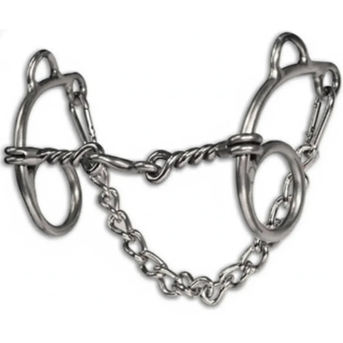 Professional's Choice Equisential Route 66 Dogbone Horse Bit with a sweet iron twisted wire mouthpiece and central dogbone link. This silver western performance bit features short gag shanks and an attached metal curb chain for clear communication. A high-quality equestrian training tool ideal for barrel racing and western riding, designed to improve control and responsiveness. Durable professional-grade tack essential for your horse's comfort and performance.